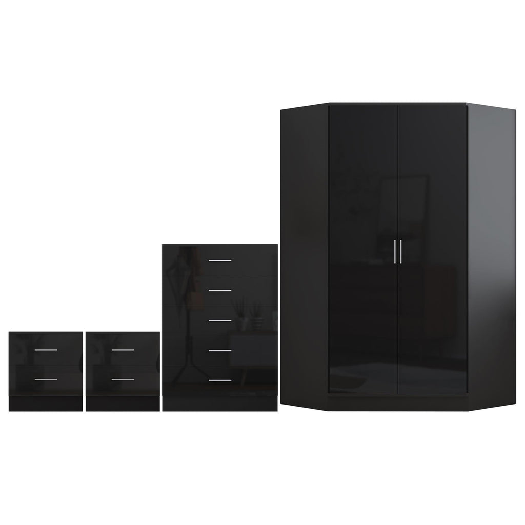 Reflect 2 Door Corner Wardrobe, 5 Drawer Chest, 2x 2 Drawer Bedsides - Black Gloss & Black Oak - Bedroom Furniture Set