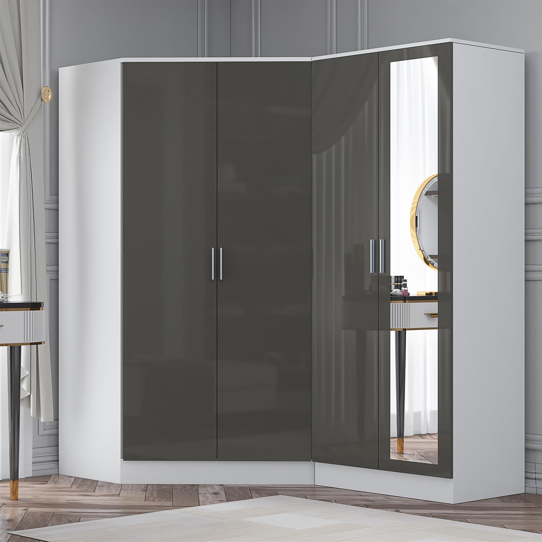 Reflect 2pc Wardrobe Bundle - 2 Door Corner + 2 Door Mirror - Grey Gloss & Matt White - H: 180cm x W: 179cm x D: 103cm