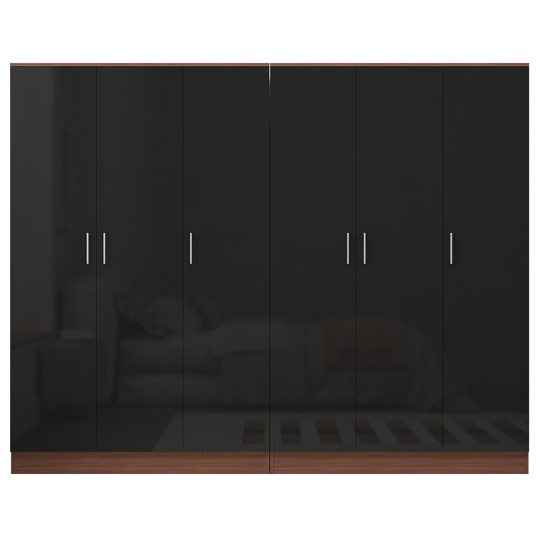 Reflect 2pc Wardrobe Bundle - 3 Door Plain + 3 Door Plain - Black Gloss & Walnut