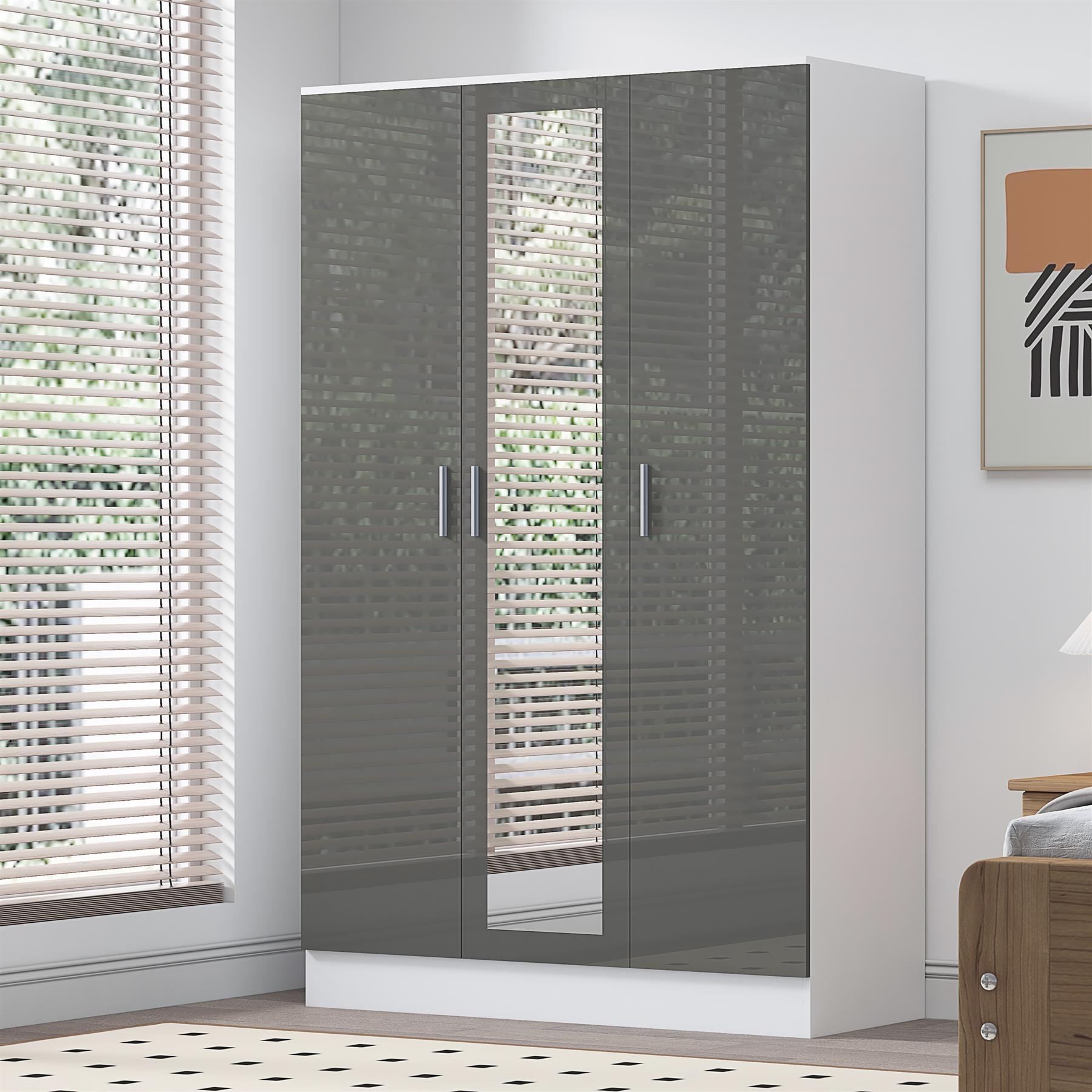 Reflect 3 Door Mirror Wardrobe - Grey Gloss & Matt White - Hanging Rail & 4 Shelves- H: 180cm x W: 113cm x D: 47cm - Modern Design