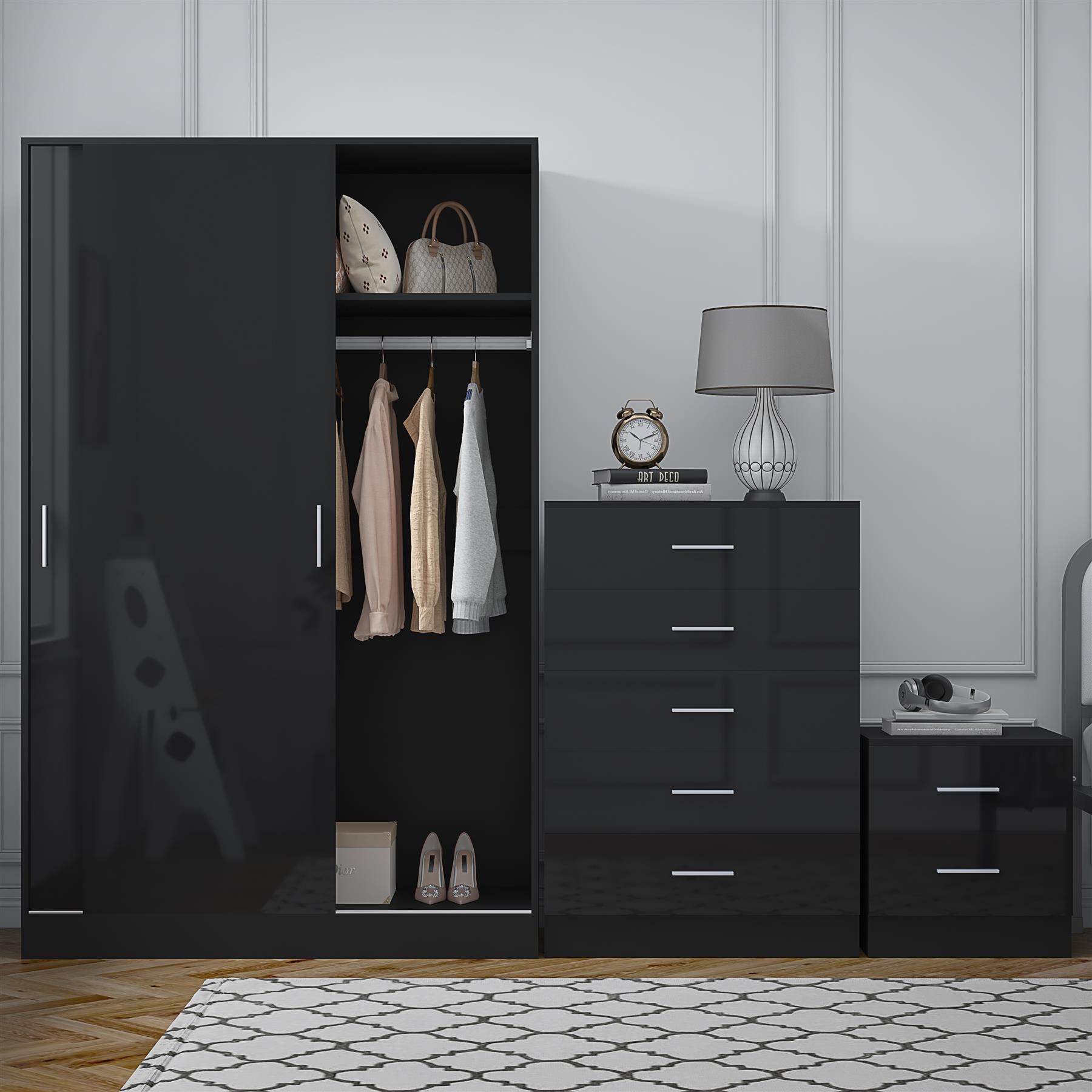 Reflect 2 Door Sliding Wardrobe, 5 Drawer Chest, 2 Drawer Bedside - Black Gloss & Black Oak - Modern Bedroom Furniture Set
