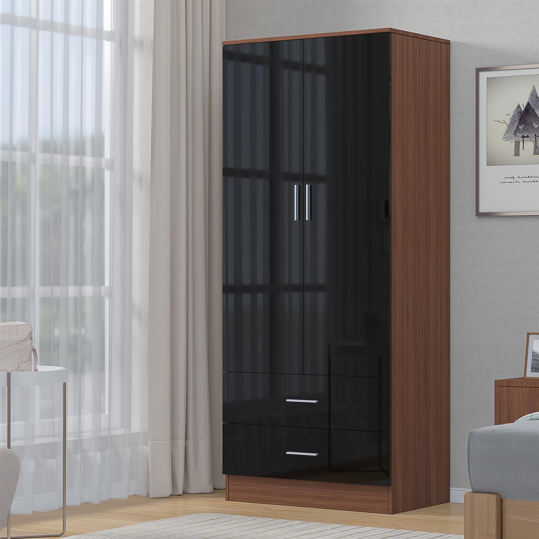 REFLECT High Gloss Bedroom Furniture Wardrobe Chest Bedside Desk - Black/Walnut