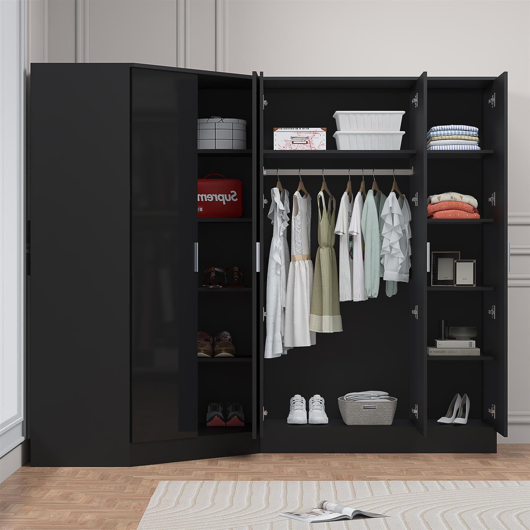 Reflect 2pc Wardrobe Bundle - 2 Door Corner + 3 Door Plain - Black Gloss & Black Oak - H: 180cm x W: 179cm x D: 103cm
