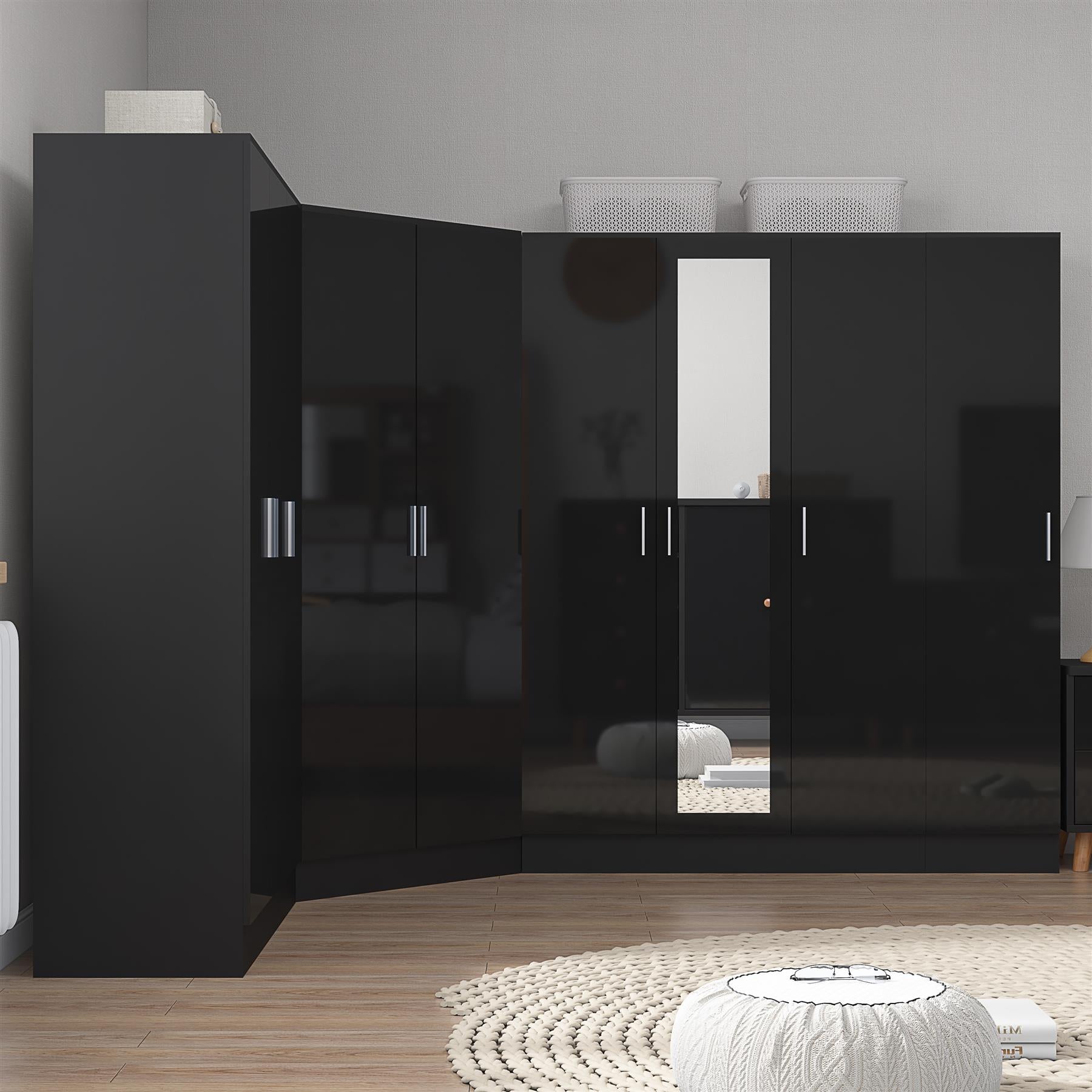 Reflect 4pc Wardrobe Bundle - 2 Door Corner + 3 Door Mirror + 3 Door Plain + 1 Door Plain - Black Gloss & Black Oak