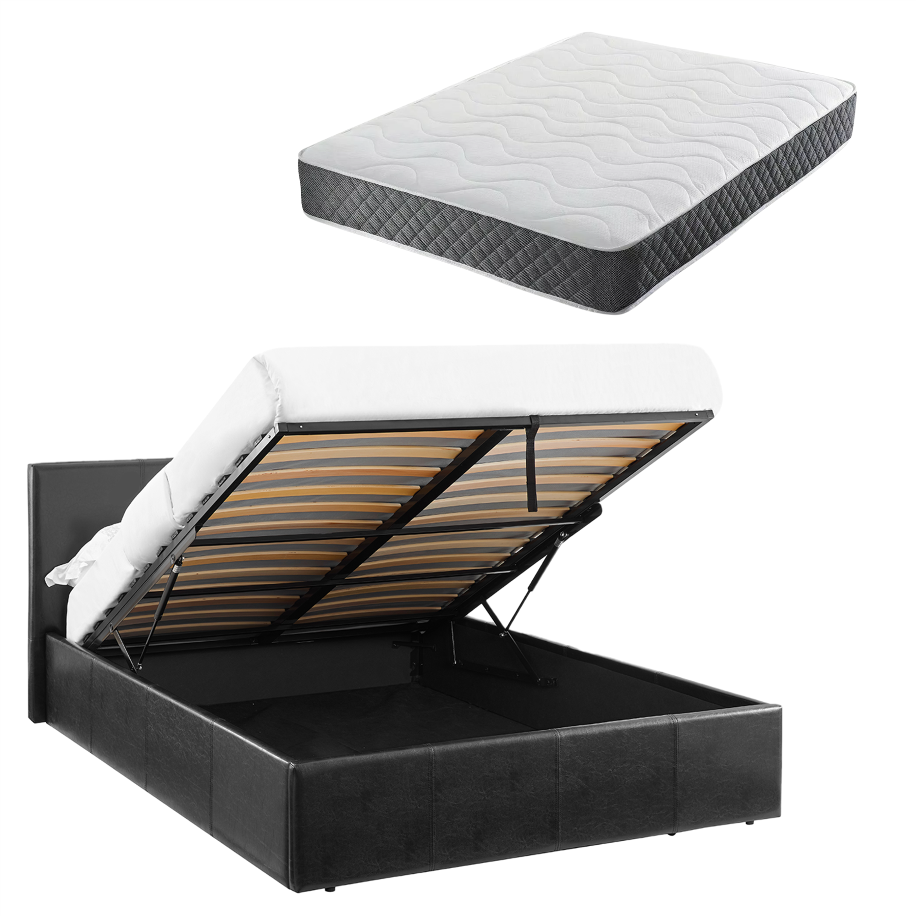 LUNA 5FT King Black Ottoman Storage Bed with Gas Lift Up & Memory Foam & Spring Mattress