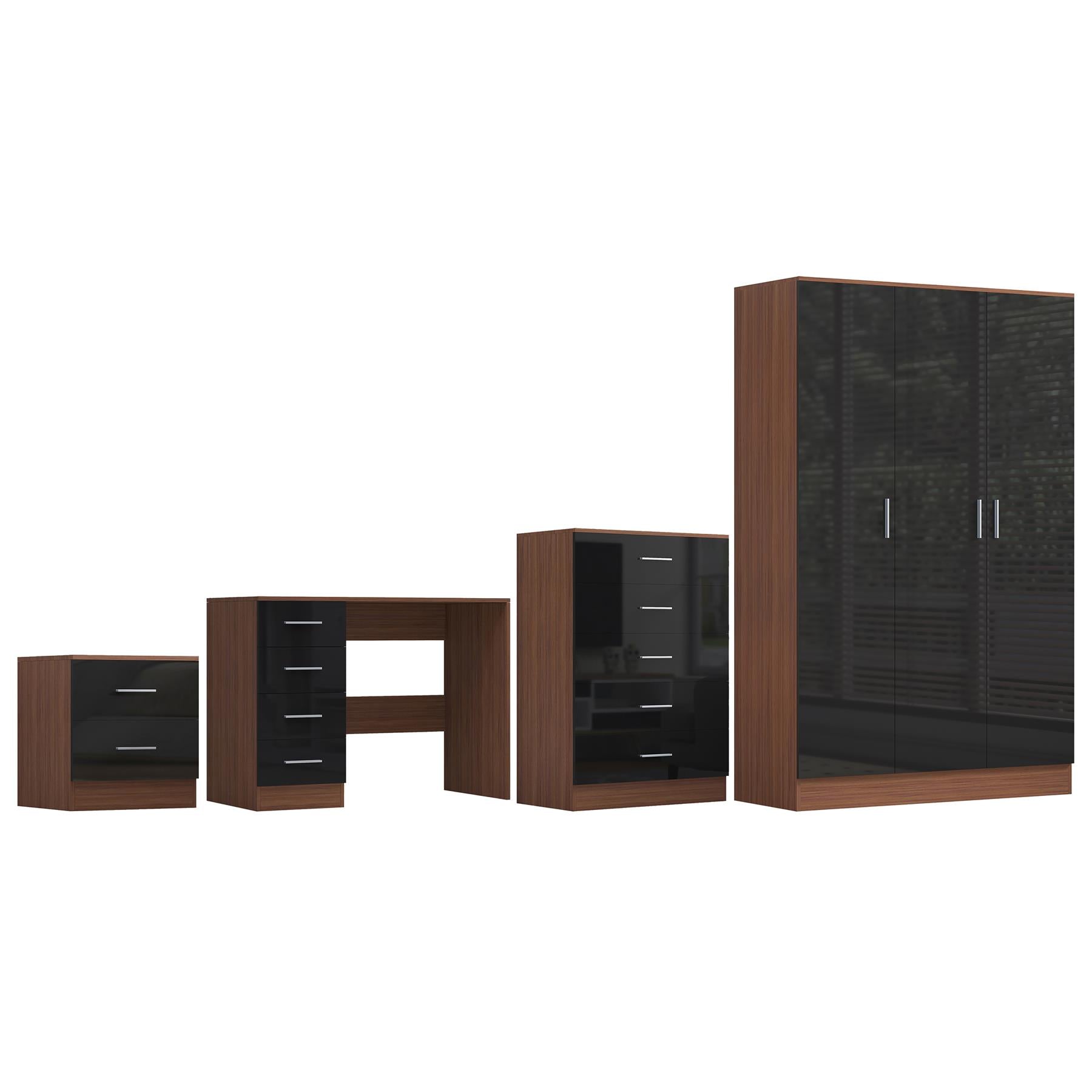 Reflect 3 Door Plain Wardrobe, 5 Drawer Chest, 2 Drawer Bedside & Desk - Black Gloss & Walnut - Modern Bedroom Furniture Set