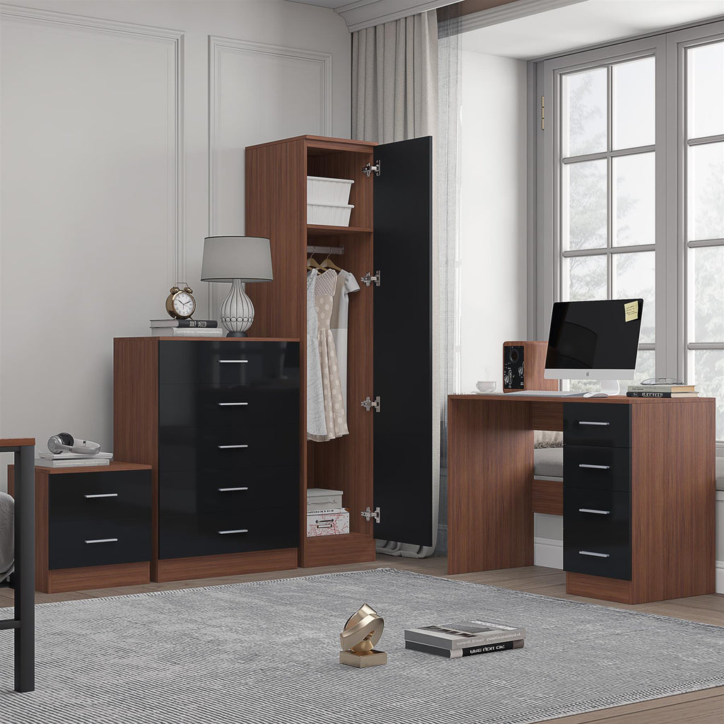 REFLECT Gloss 4pc Bedroom Set - 1 Door Wardrobe + 5 Draw Chest + Bedside + Desk