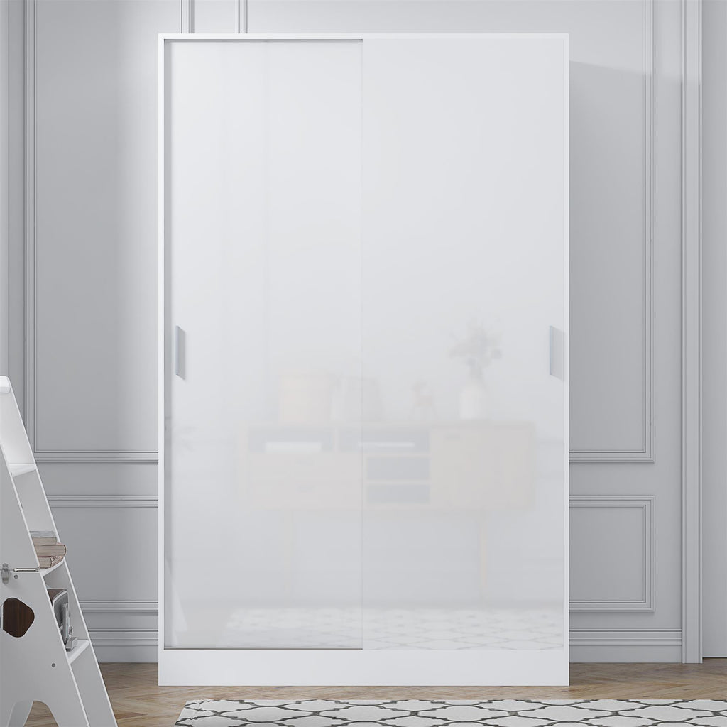 Reflect 2 Door Sliding Wardrobe - White Gloss & Matt White - Hanging Rails & Shelves - H:180cm x W:120cm x D: 58cm - Modern Design