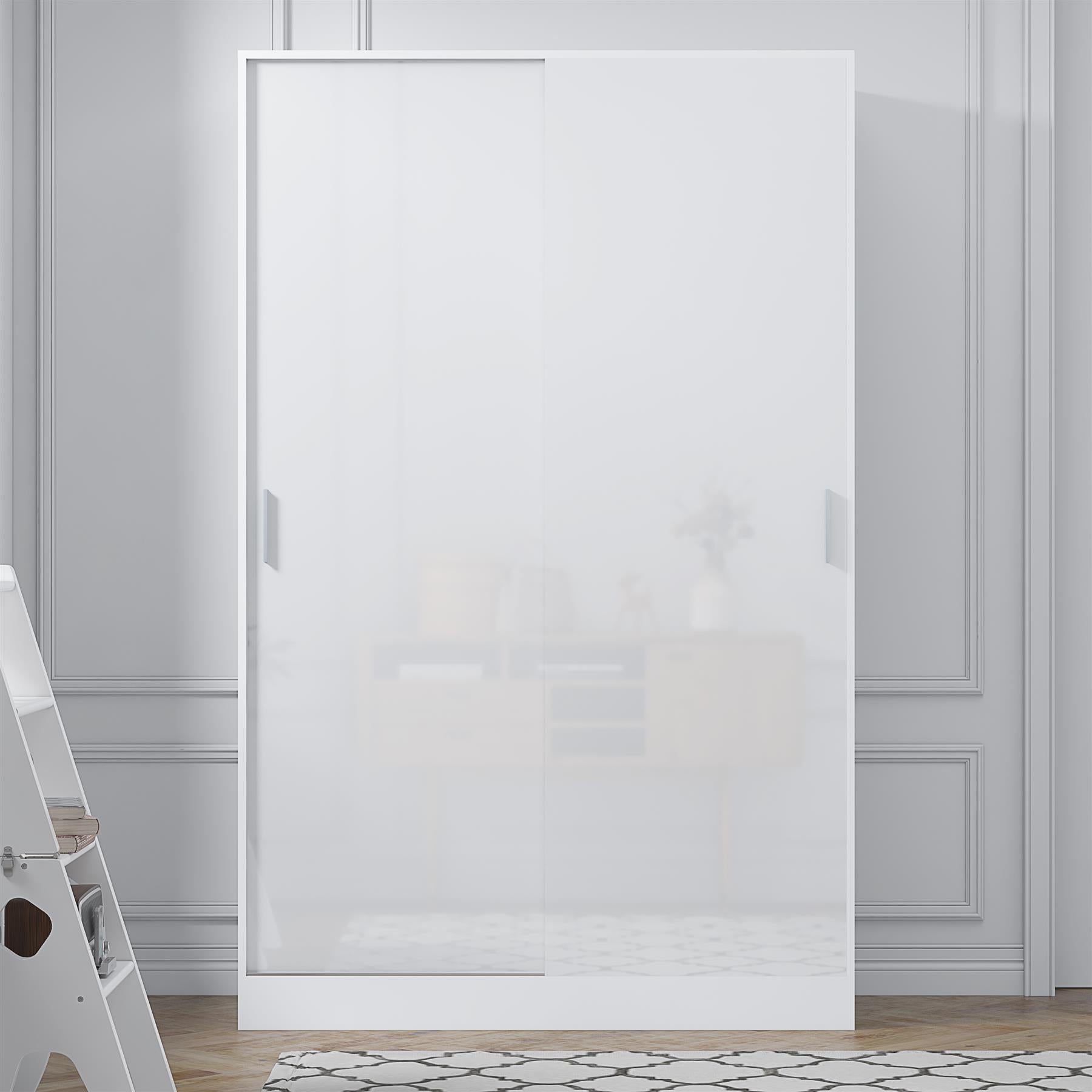Reflect 2 Door Sliding Wardrobe - White Gloss & Matt White - Hanging Rails & Shelves - H:180cm x W:120cm x D: 58cm - Modern Design