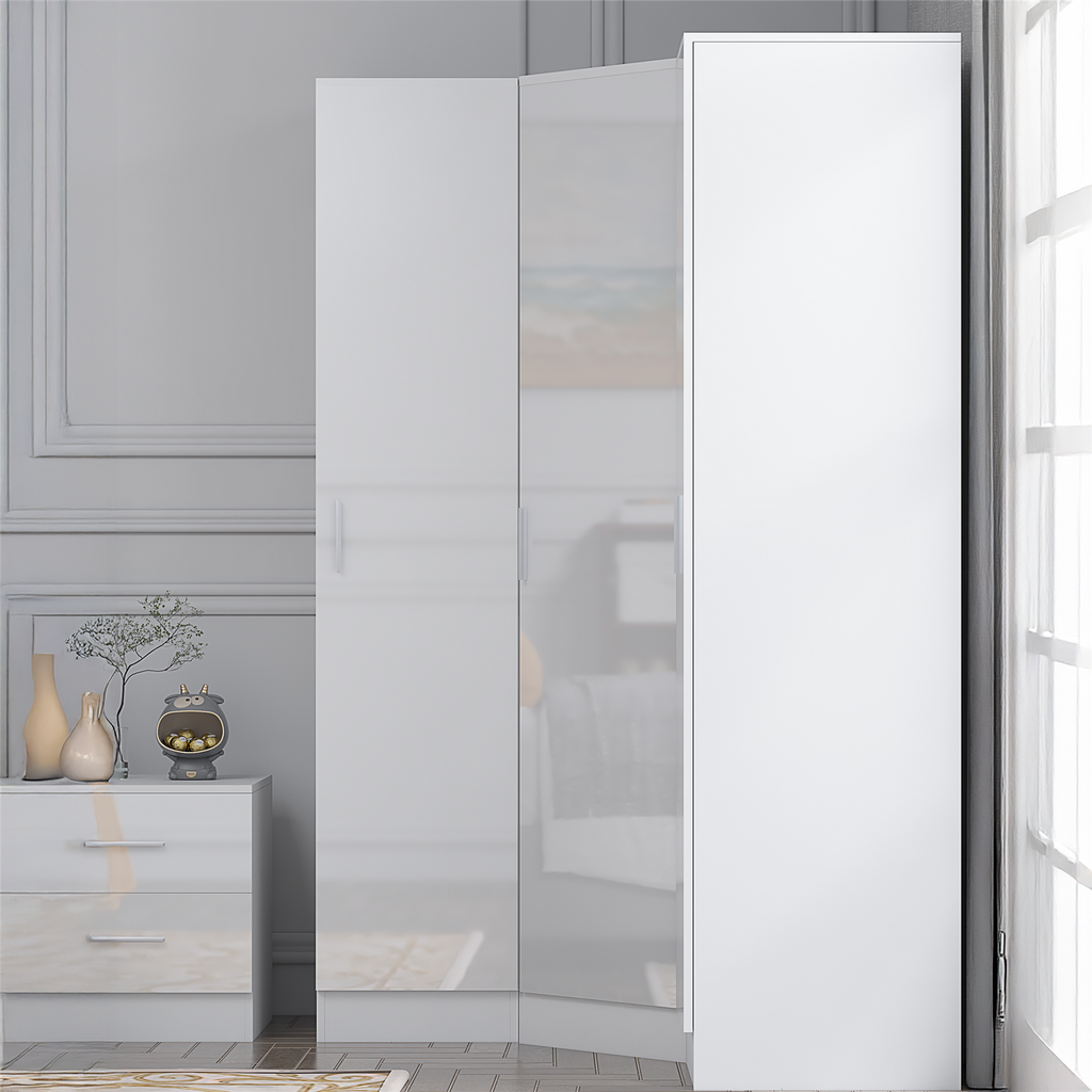 REFLECT - 1 Door Corner + 2x 1 Door Plain Wardrobe in Gloss White / Matt White