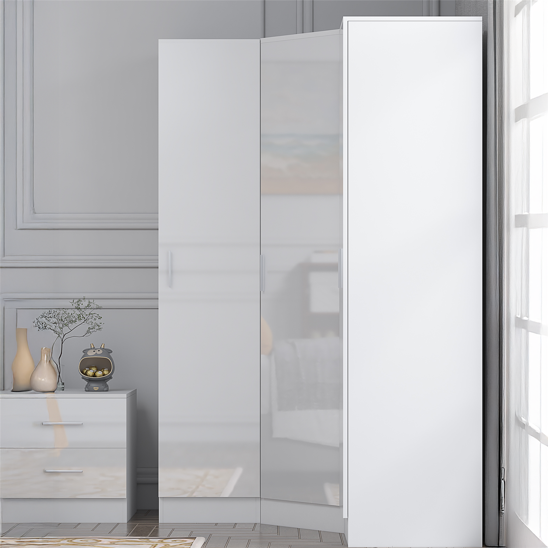REFLECT - 1 Door Corner + 2x 1 Door Plain Wardrobe in Gloss White / Matt White