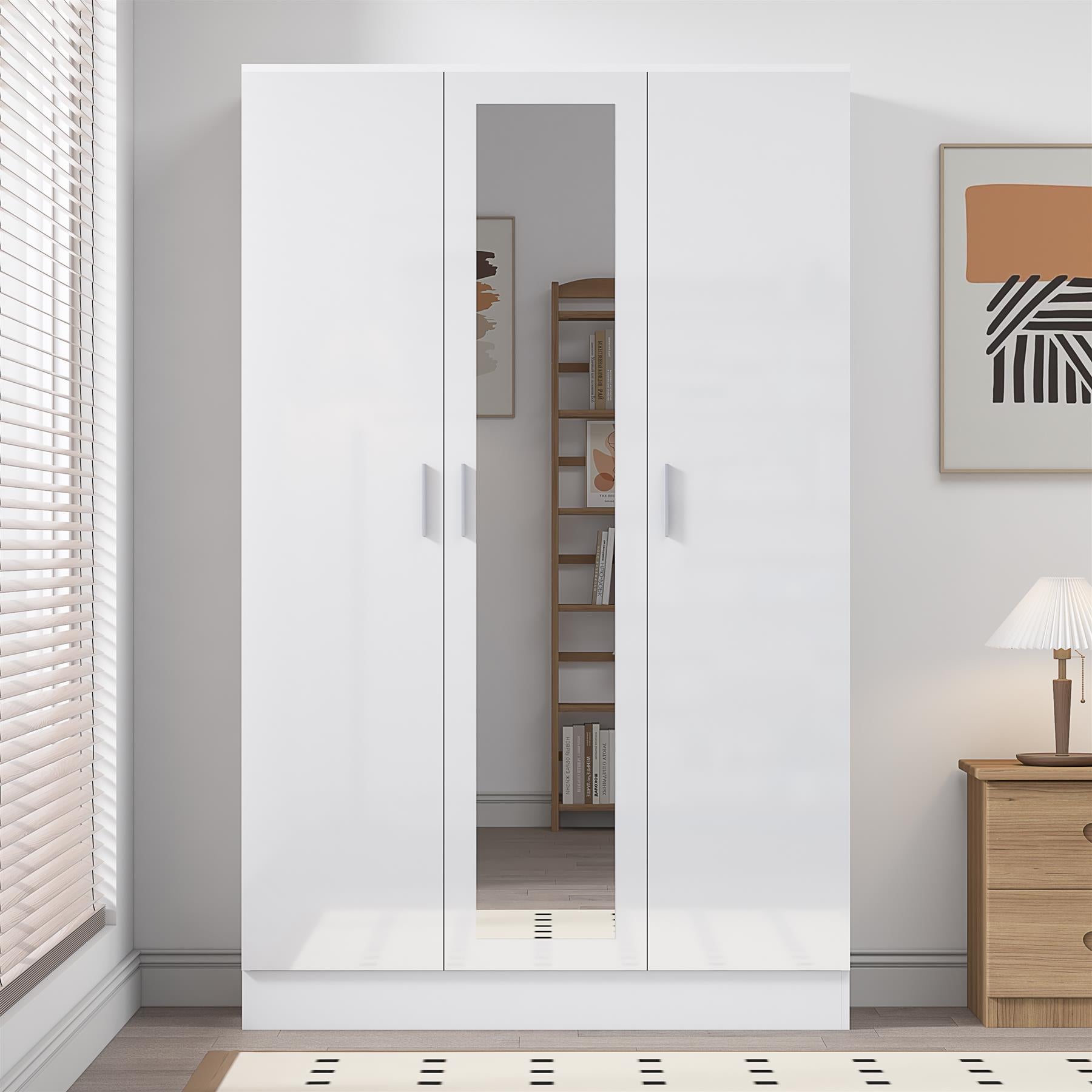 Reflect 3 Door Mirror Wardrobe-White Gloss & Matt White-Hanging Rail & 4 Shelves-H: 180cm x W: 113cm x D: 47cm - Modern Design