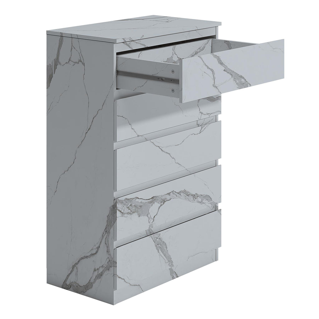 ZITA 5 Drawer Chest - White Marble Effect Bedroom Storage