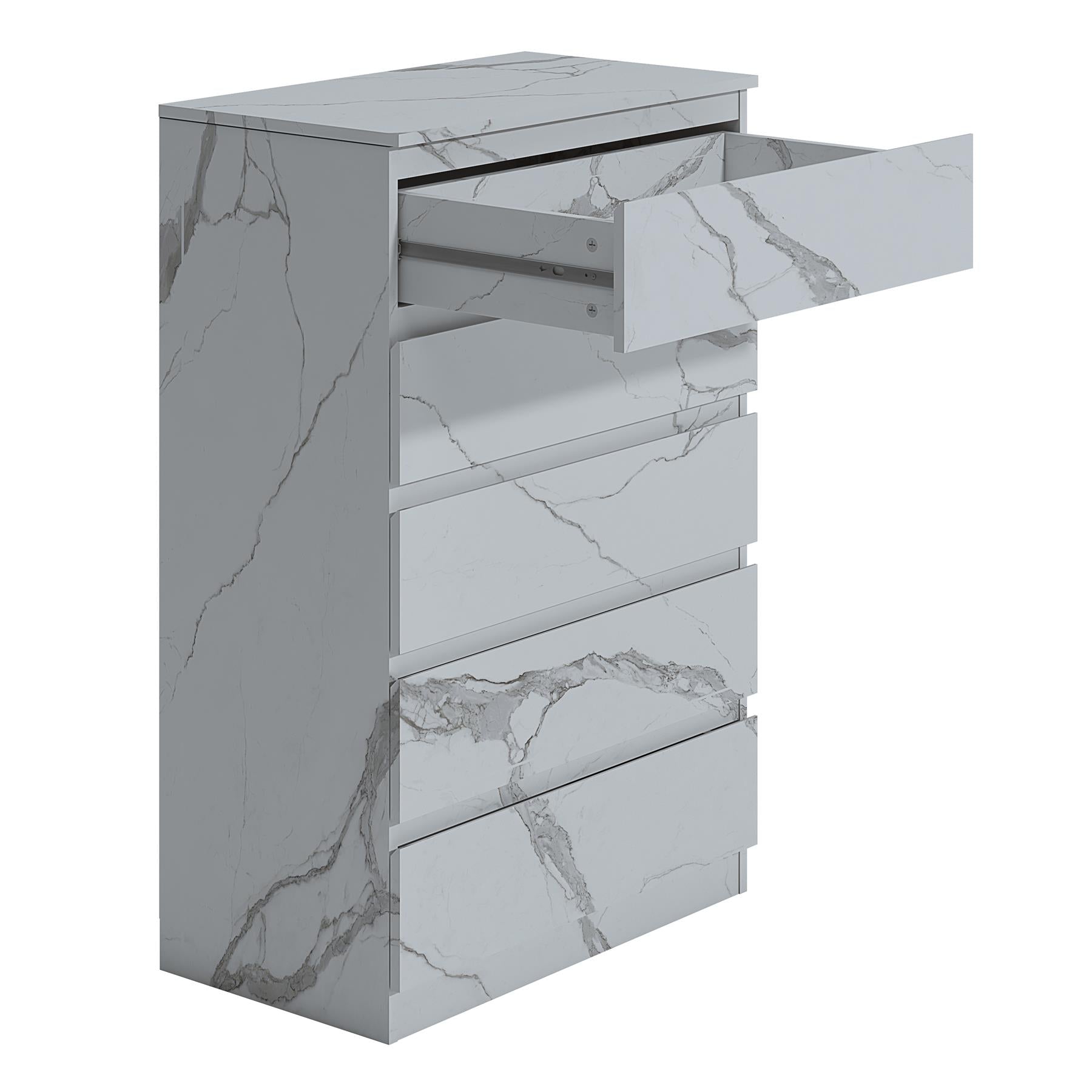 ZITA 5 Drawer Chest - White Marble Effect Bedroom Storage