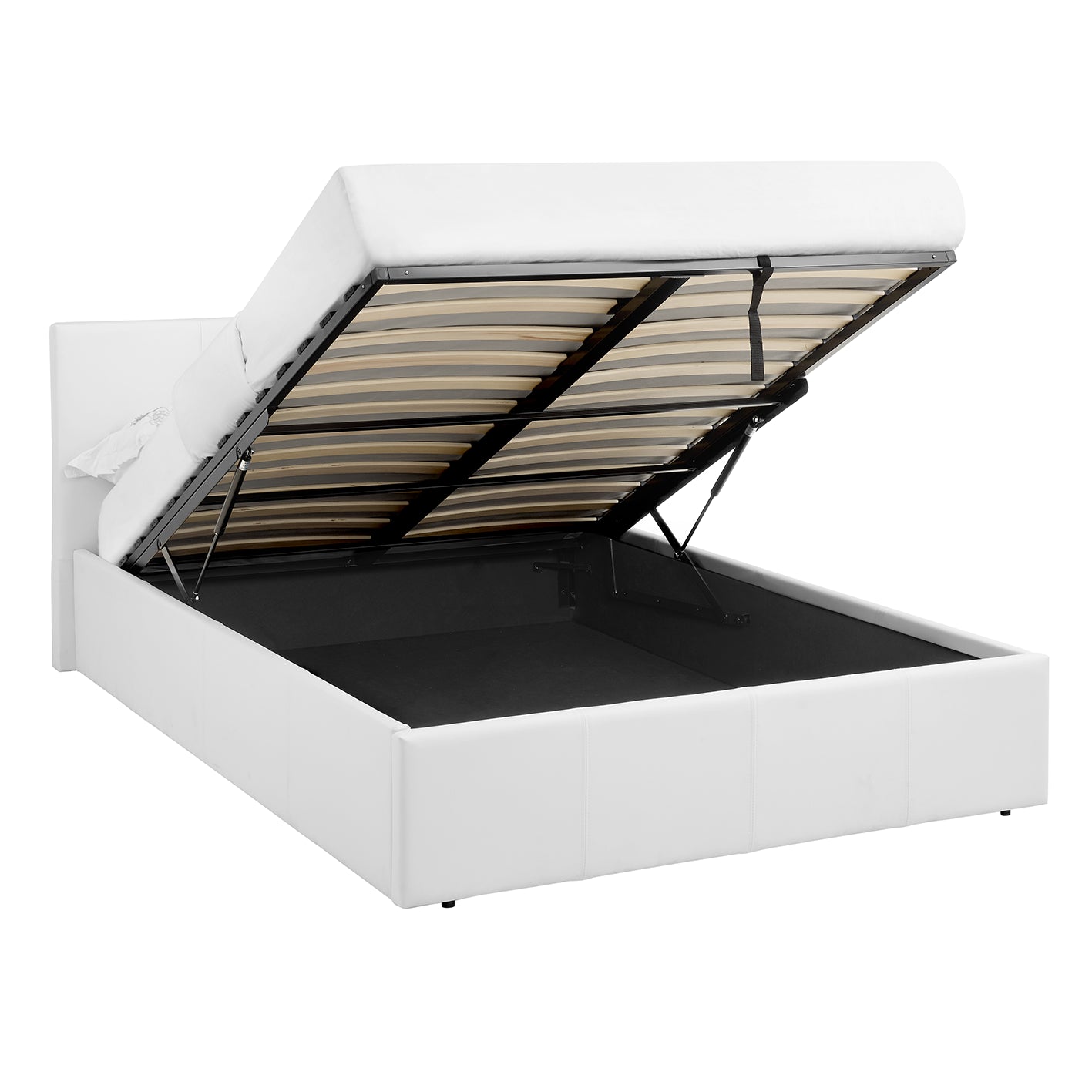 LUNA 4FT Small Double White Ottoman Storage Bed Gas Lift & 17cm Thick Spring Mattress - L:203cm x W:138cm x H:88.5cm