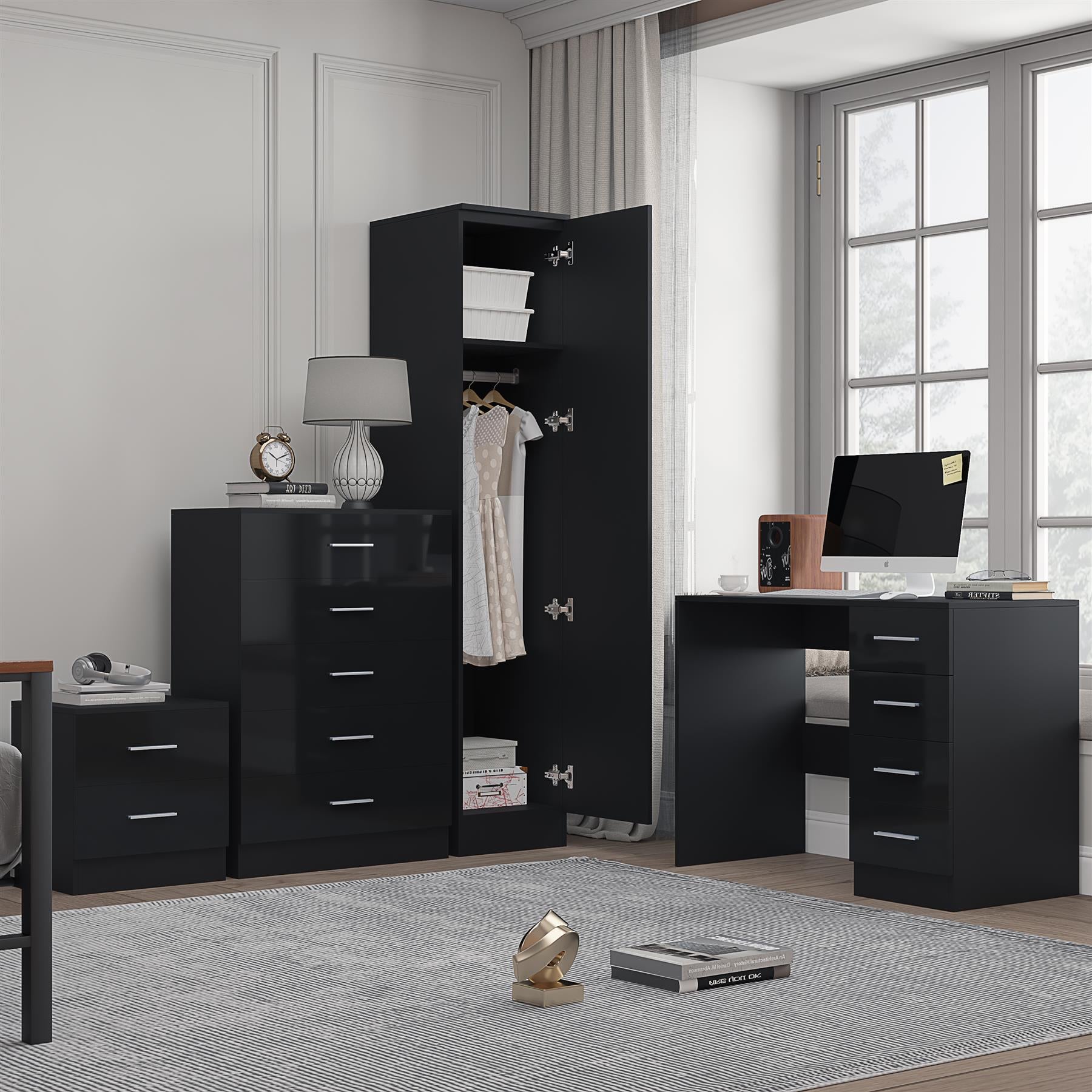 REFLECT Gloss 4pc Bedroom Set - 1 Door Wardrobe + 5 Draw Chest + Bedside + Desk