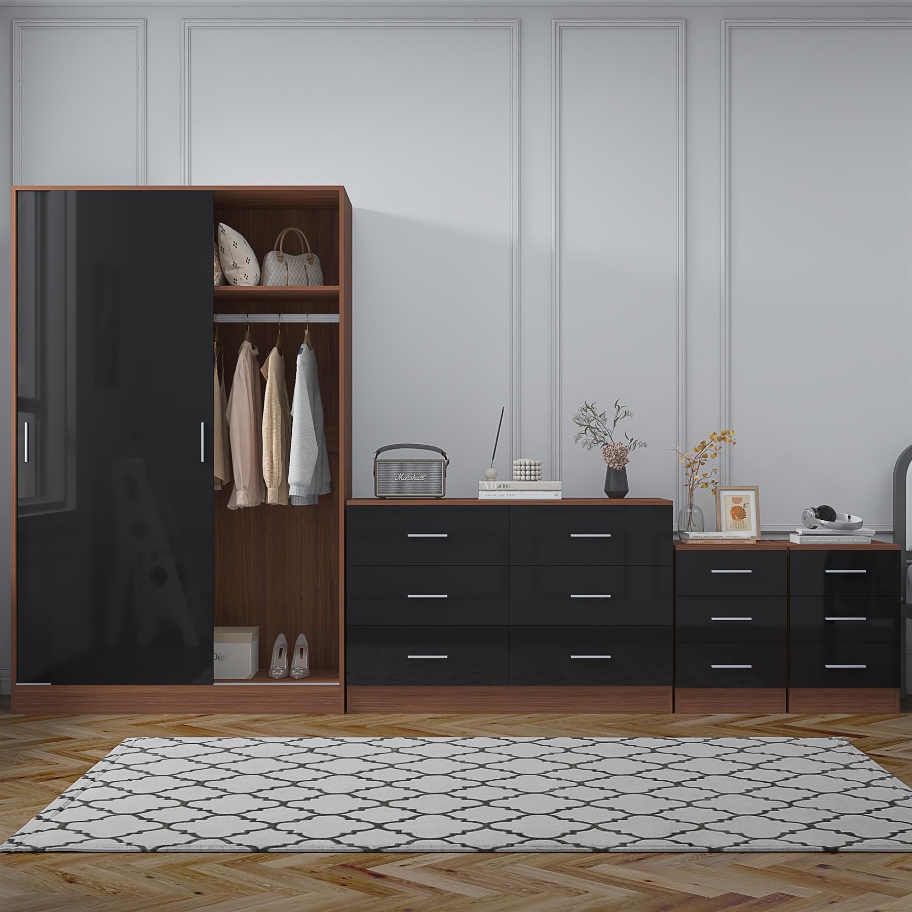 Reflect 2 Door Sliding Wardrobe, 6 Drawer Wide Chest, 2x 3 Drawer Bedsides - Black Gloss & Walnut - Modern Bedroom Furniture Set