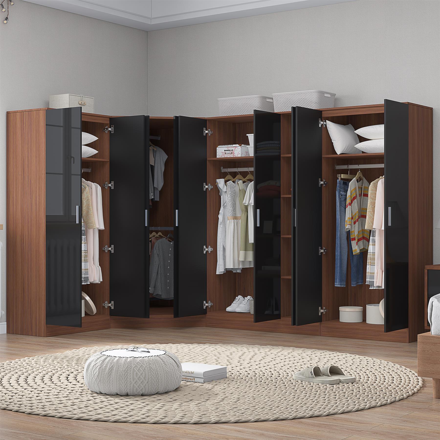 Reflect 4pc Wardrobe Bundle - 2 Door Corner + 3 Door Plain + 2x 2 Door Plain - Black Gloss & Walnut