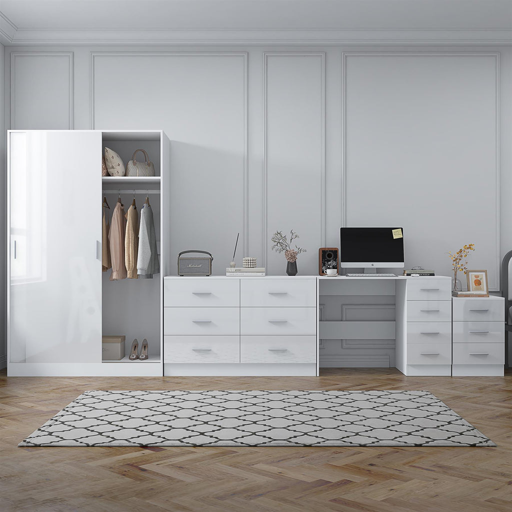 Reflect 2 Door Sliding Wardrobe, 6 Drawer Wide Chest, 3 Drawer Bedside, 4 Drawer Desk - White Gloss & Matt White - Modern Bedroom Furniture Set.