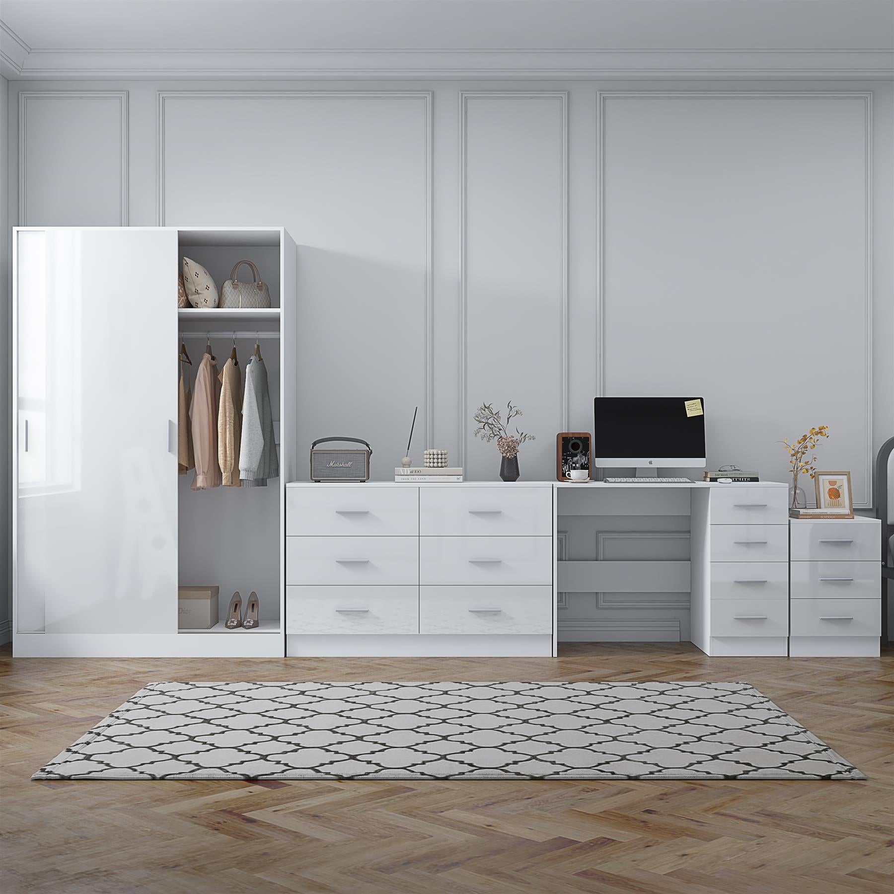 REFLECT Gloss 4pc Set - 2 Door Sliding Wardrobe + Wide Chest + Bedside + Desk.