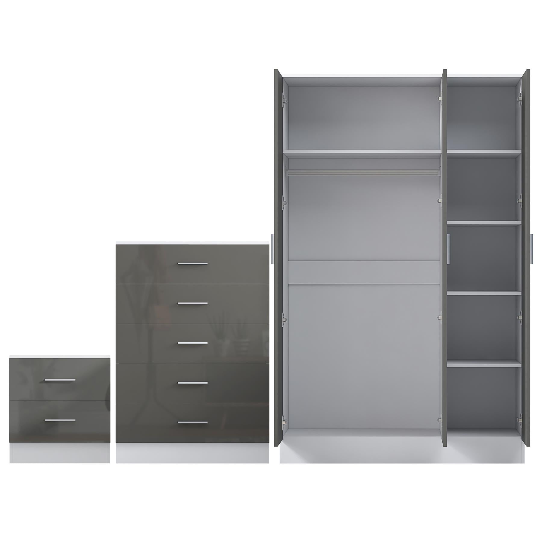 REFLECT Gloss 3pc Set - 3 Door Mirrored Wardrobe + 5 Draw Chest + Bedside