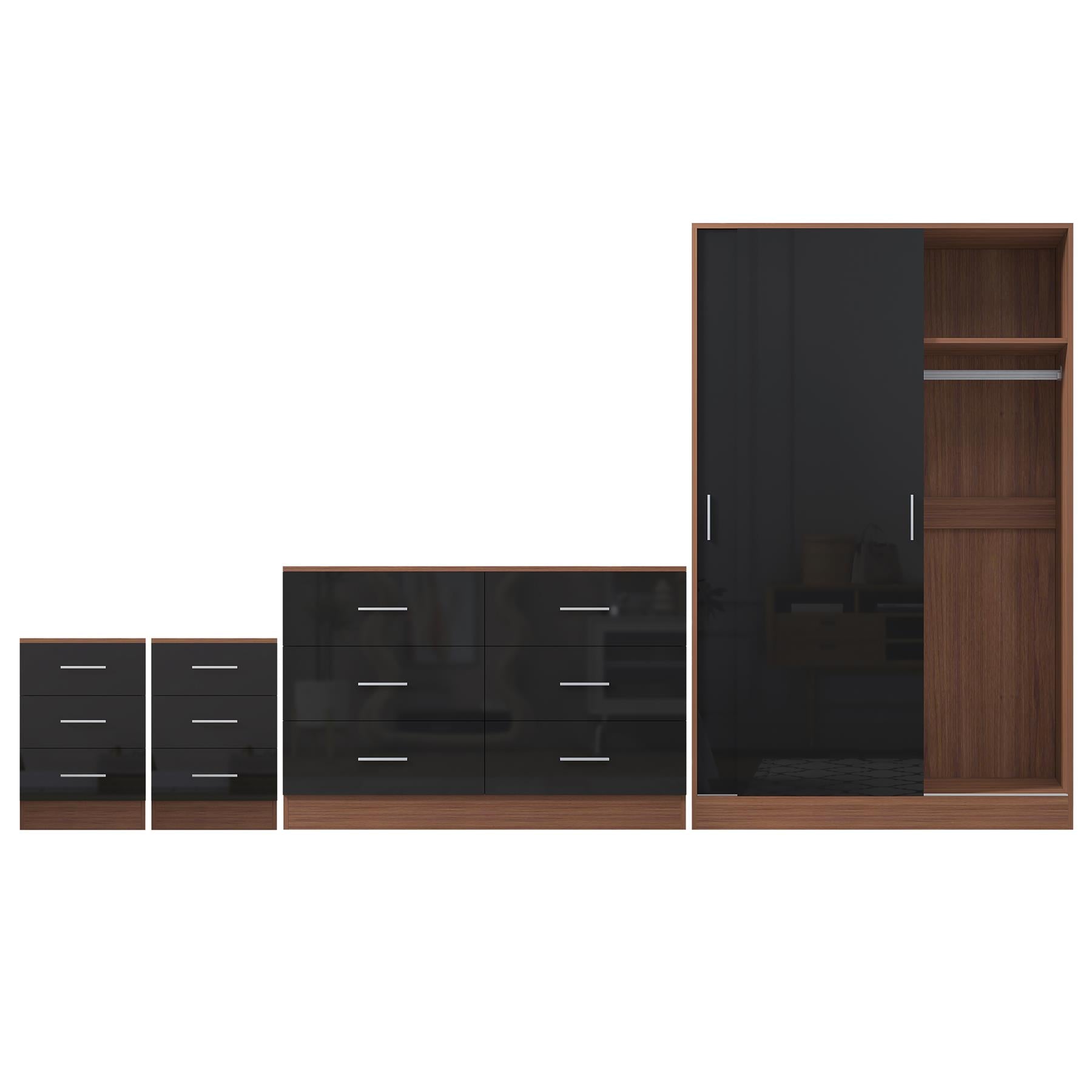 Reflect 2 Door Sliding Wardrobe, 6 Drawer Wide Chest, 2x 3 Drawer Bedsides - Black Gloss & Walnut - Modern Bedroom Furniture Set