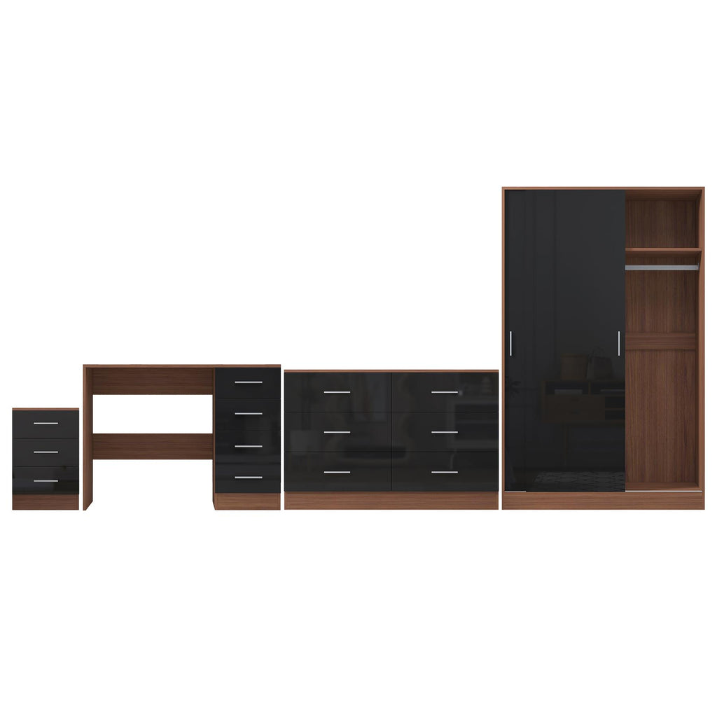 Reflect 2 Door Sliding Wardrobe, 6 Drawer Wide Chest, 3 Drawer Bedside, 4 Drawer Desk - Black Gloss & Walnut - Modern Bedroom Furniture Set.