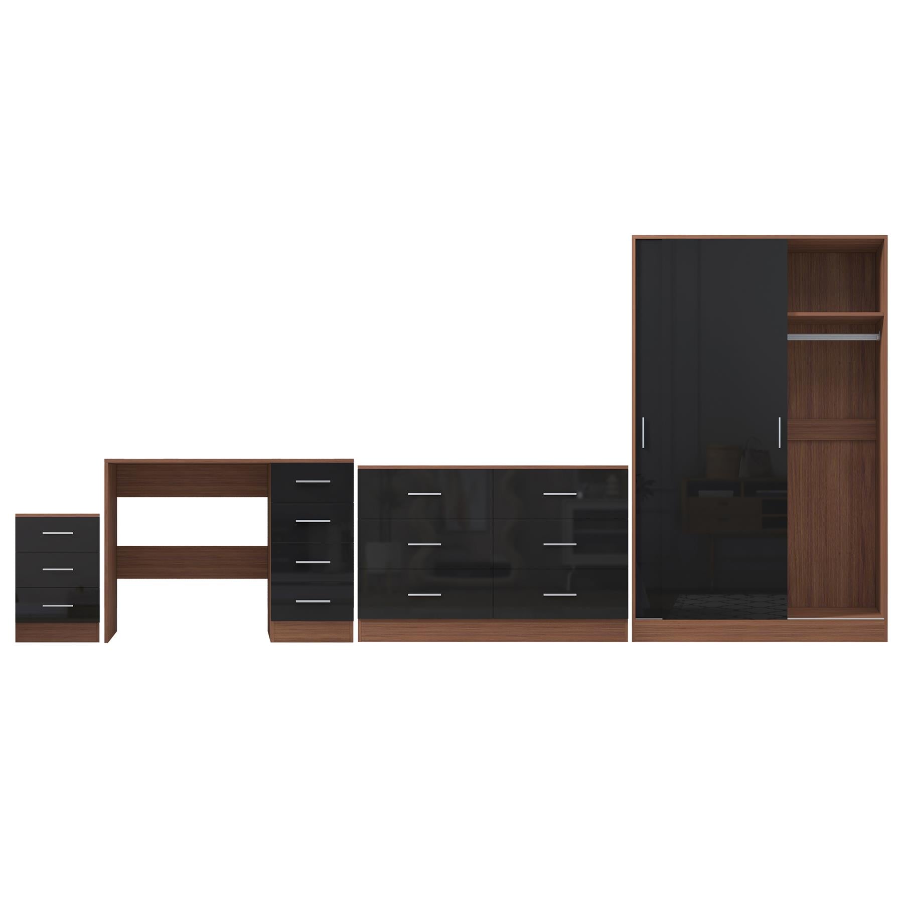 REFLECT Gloss 4pc Set - 2 Door Sliding Wardrobe + Wide Chest + Bedside + Desk