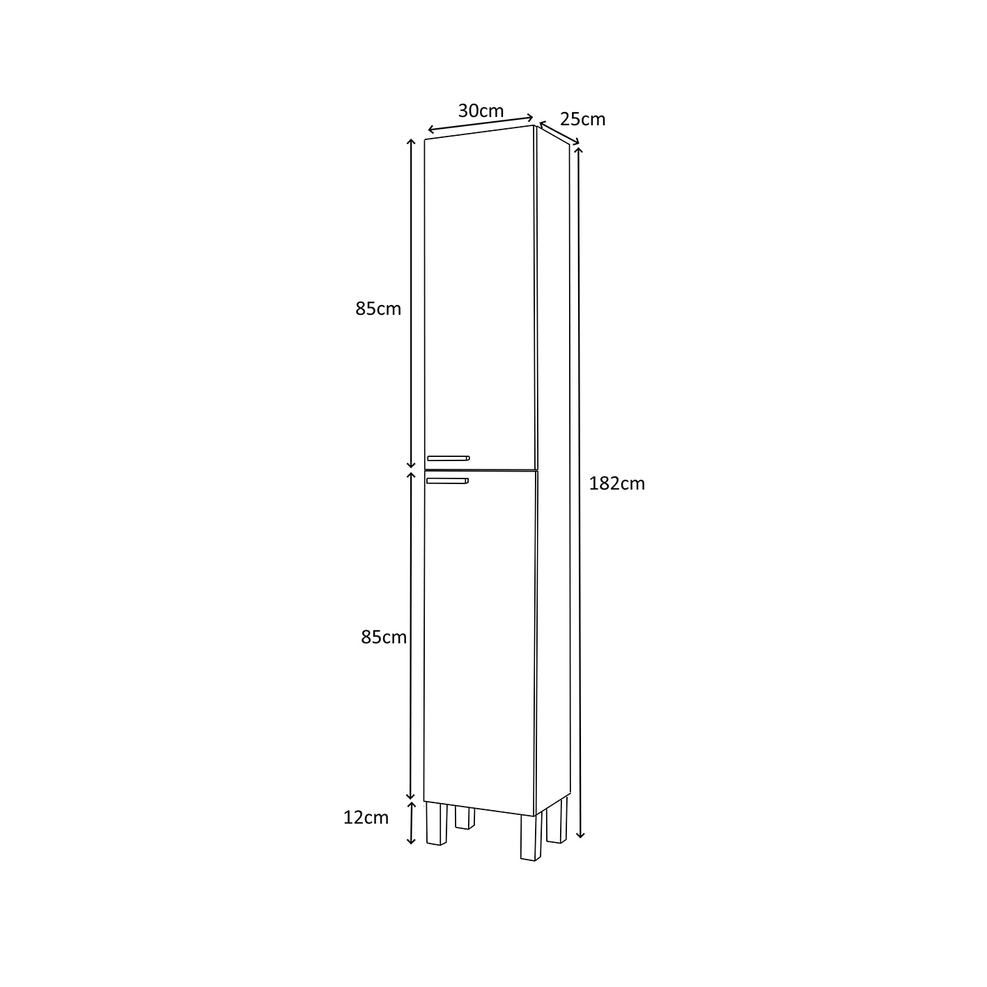 Baltic Grey Ash Wood Effect Tall 2 Door Bathroom Storage Cabinet, Organiser for Toiletries & Towels - H: 182cm x W: 30cm x D: 25cm.