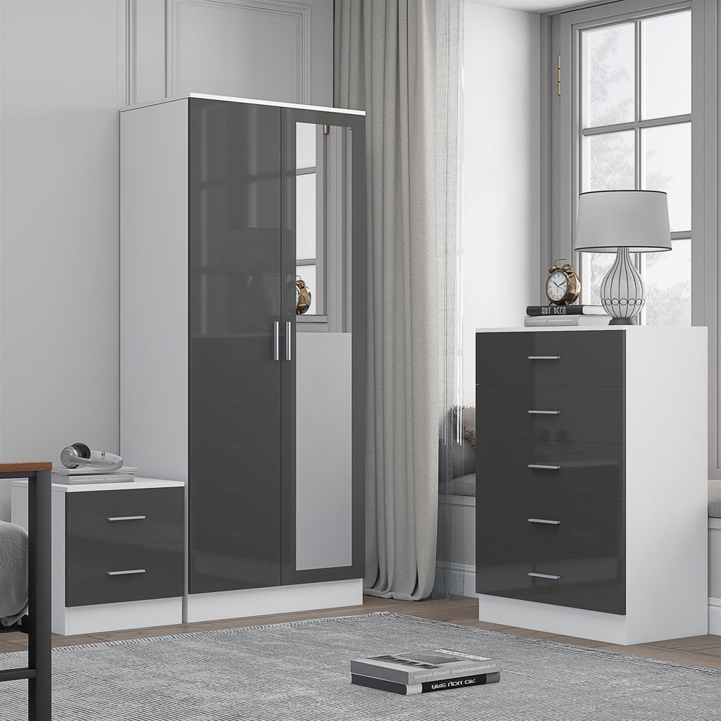 Reflect 2 Door Mirror Wardrobe, 5 Drawer Chest, 2 Drawer Bedside - Grey Gloss & Matt White - Modern Bedroom Furniture Set