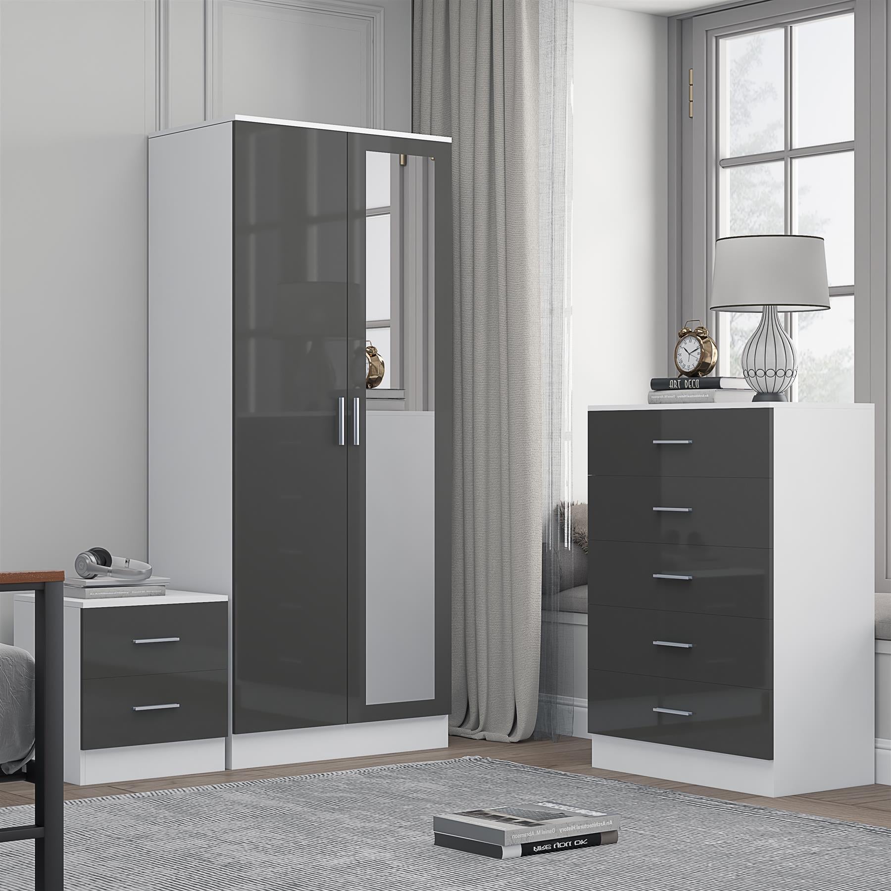 Reflect 2 Door Mirror Wardrobe, 5 Drawer Chest, 2 Drawer Bedside - Grey Gloss & Matt White - Modern Bedroom Furniture Set