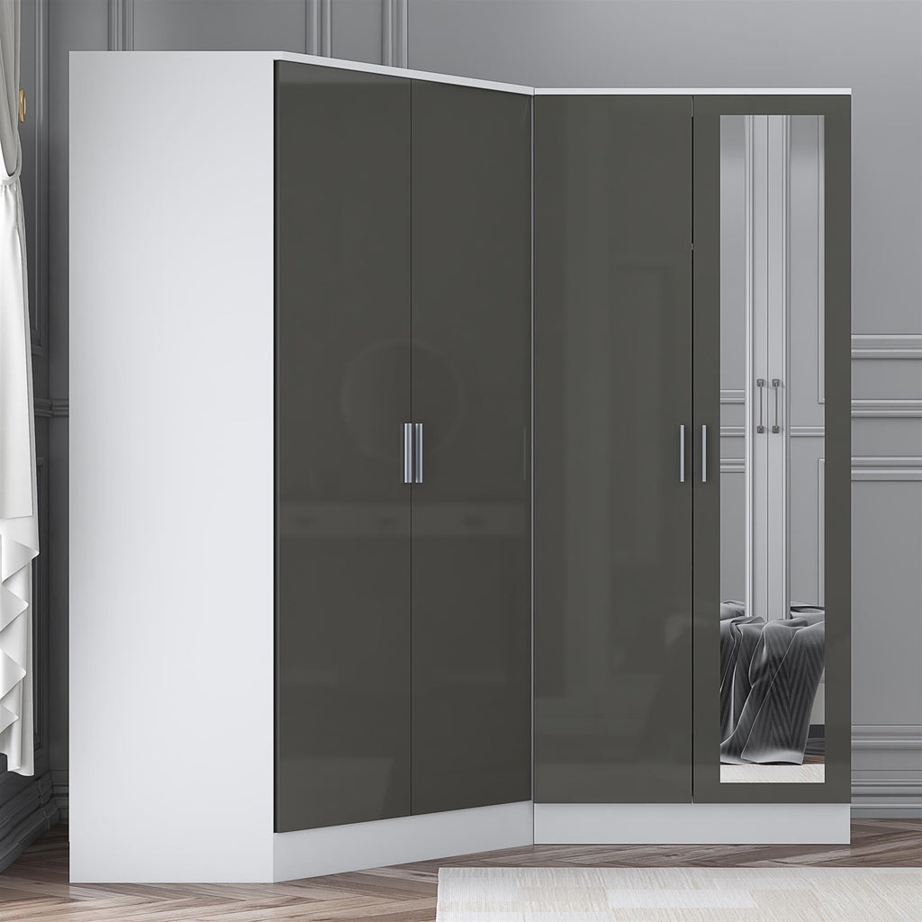Reflect 2pc Wardrobe Bundle - 2 Door Corner + 2 Door Mirror - Grey Gloss & Matt White - H: 180cm x W: 179cm x D: 103cm