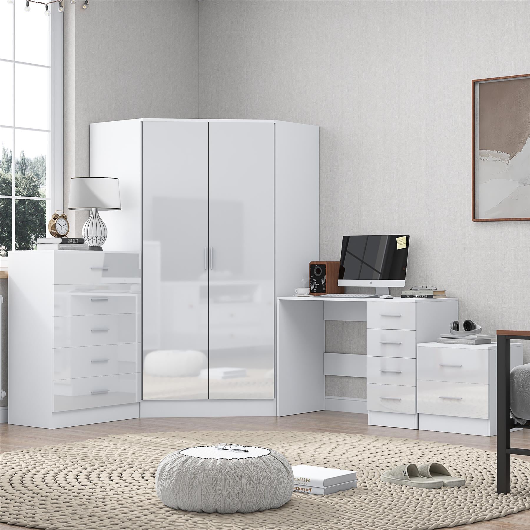 REFLECT Gloss 4pc Set - 2 Door Corner Wardrobe + 5 Draw Chest + Bedside + Desk