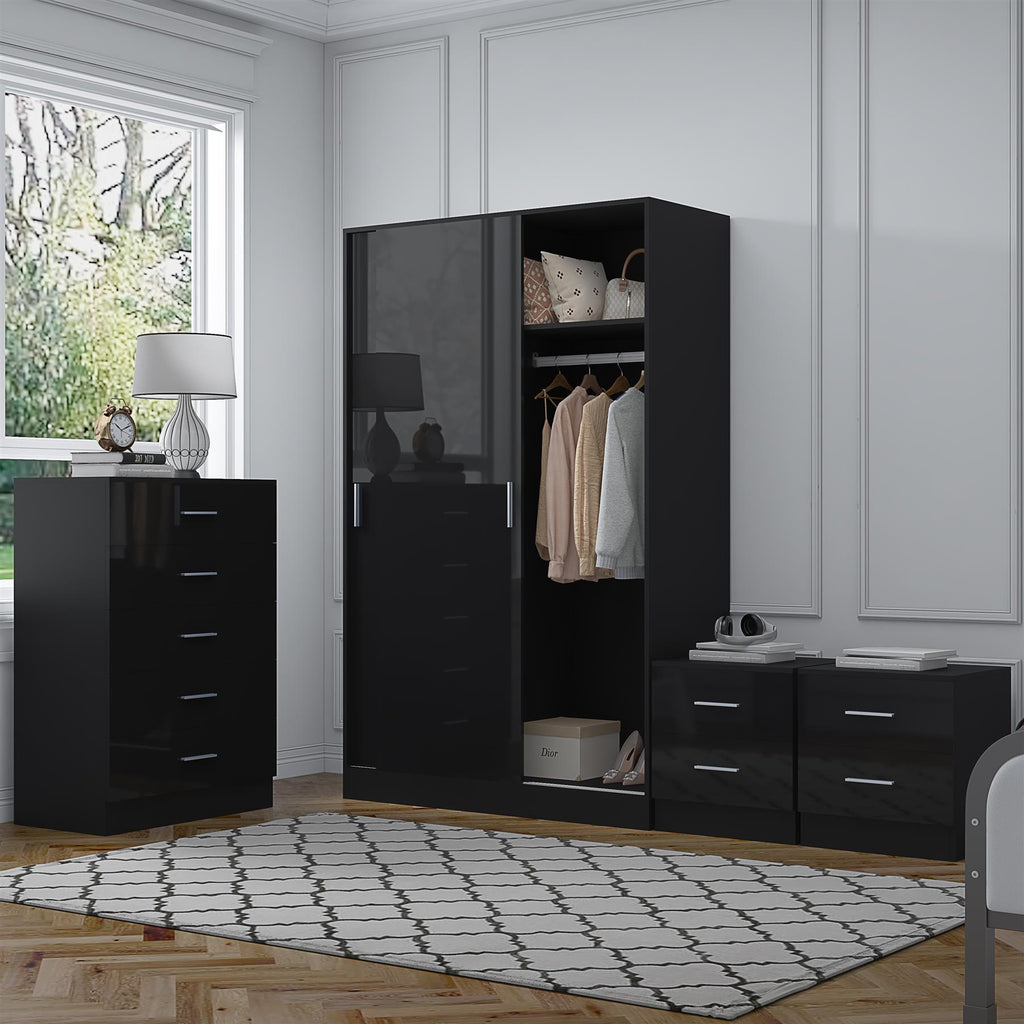 Reflect 2 Door Sliding Wardrobe, 5 Drawer Chest, 2x 2 Drawer Bedsides - Black Gloss & Black Oak - Modern Bedroom Furniture Set