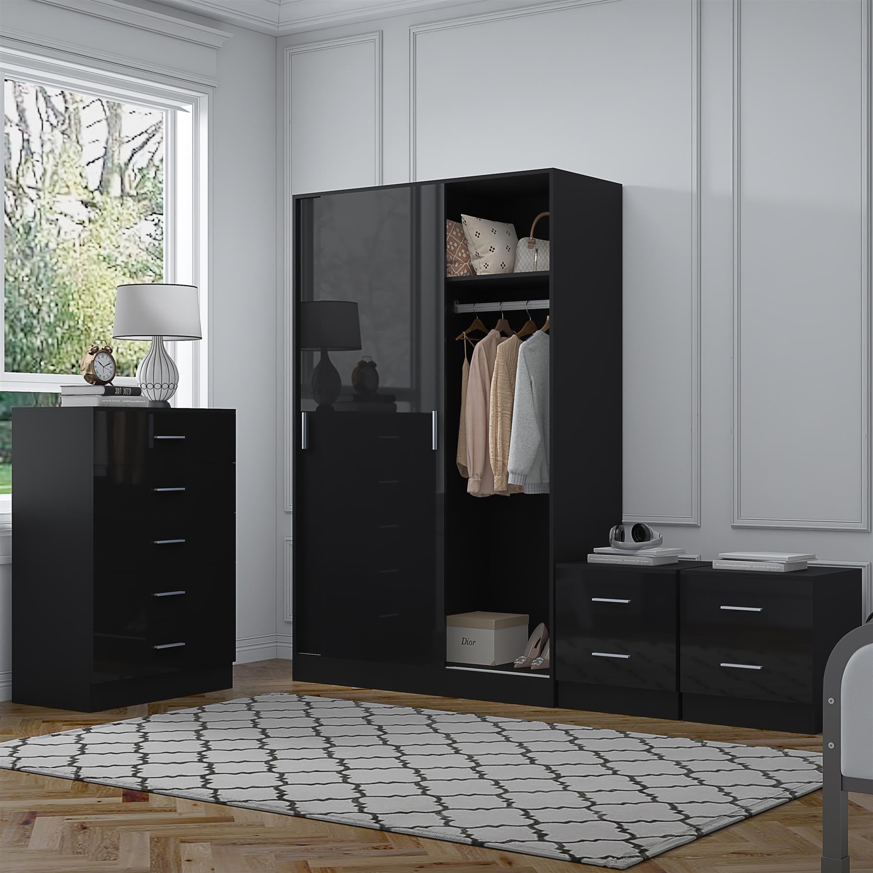 Reflect 2 Door Sliding Wardrobe, 5 Drawer Chest, 2x 2 Drawer Bedsides - Black Gloss & Black Oak - Modern Bedroom Furniture Set