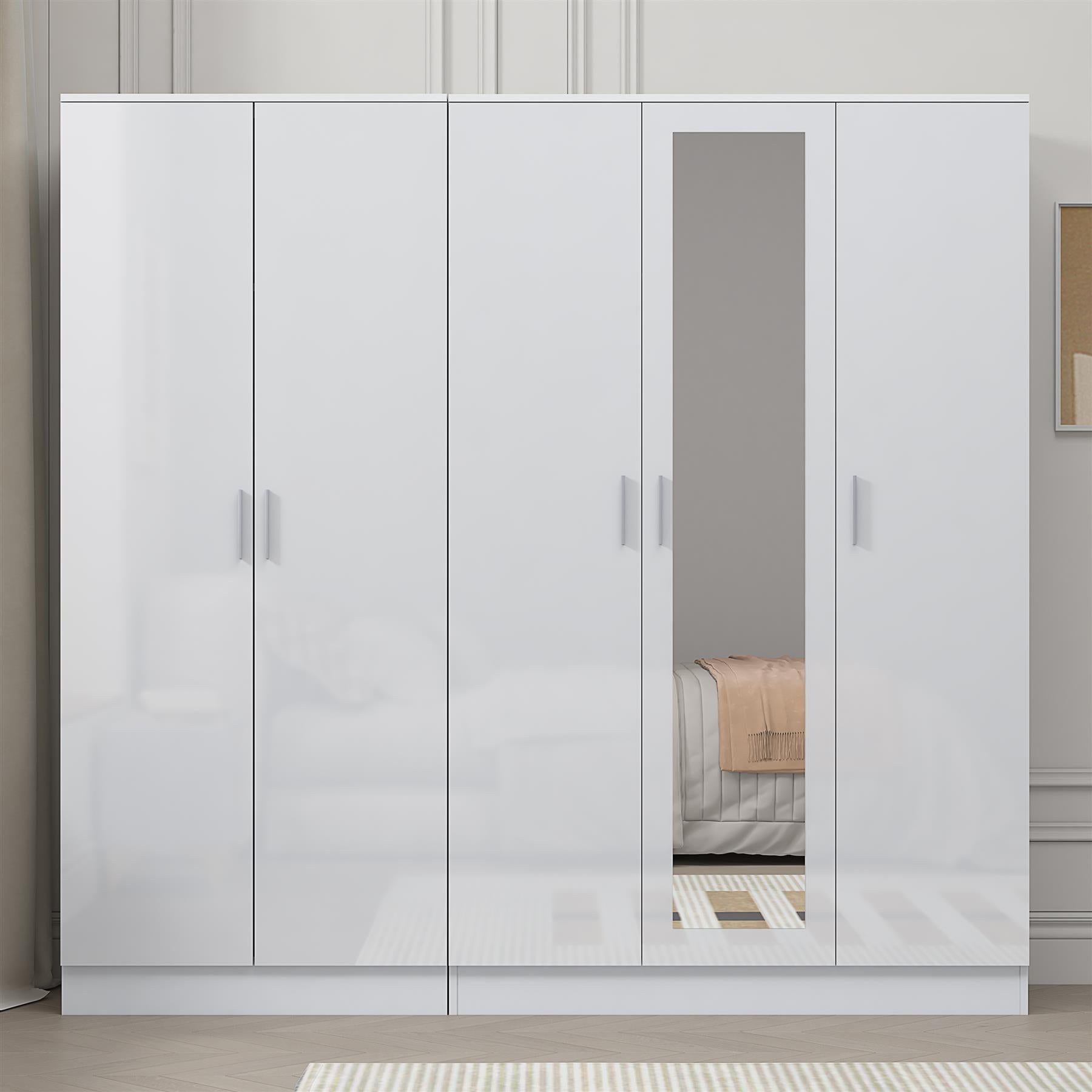 REFLECT - 3 Door MIRROR + 2 Door PLAIN Wardrobe - Gloss White / Matt White