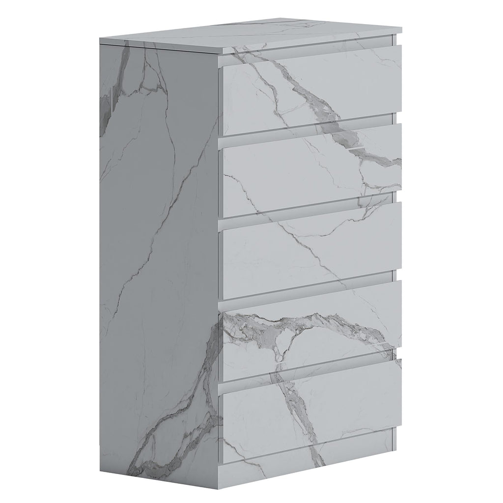 ZITA 5 Drawer Chest - White Marble Effect Bedroom Storage