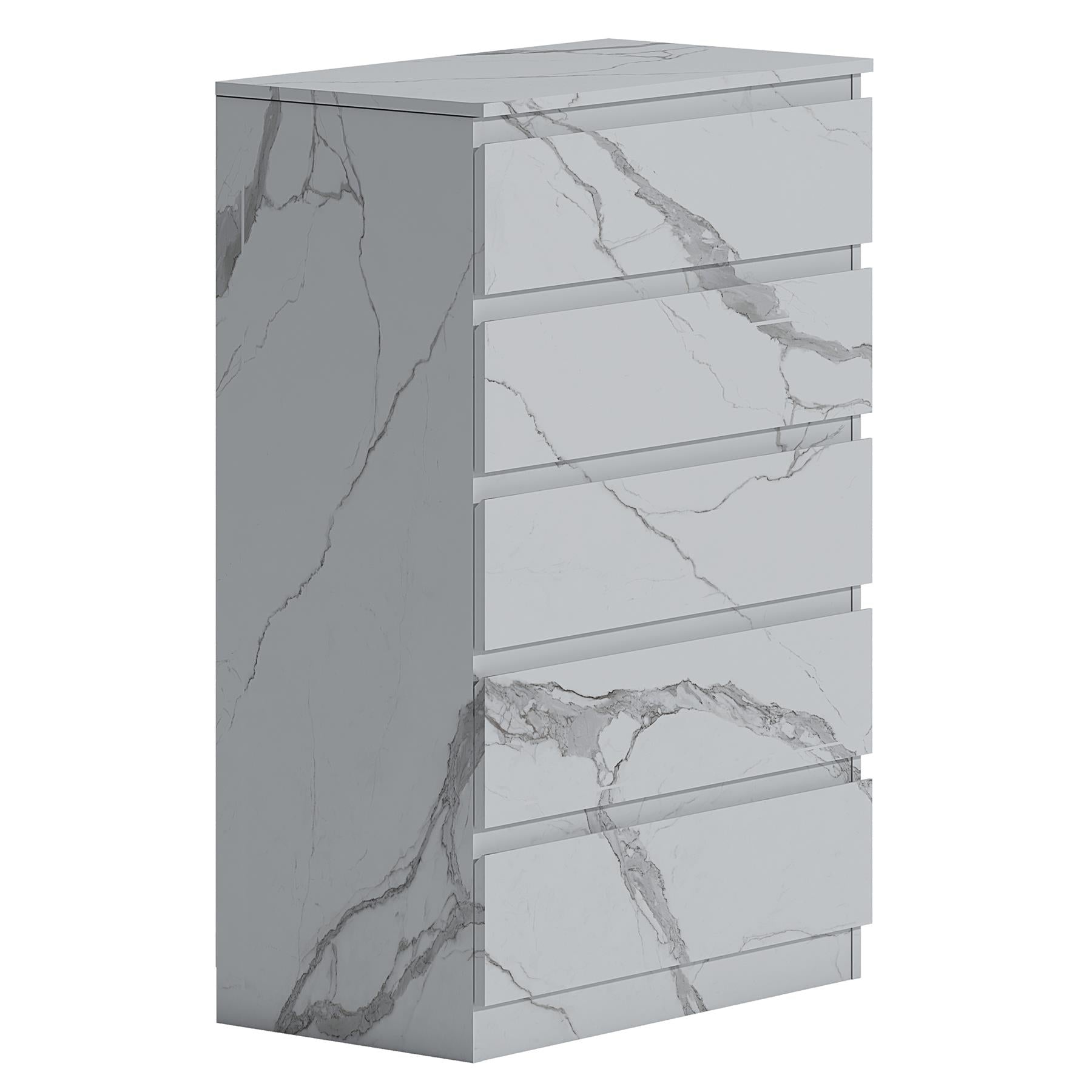 ZITA 5 Drawer Chest - White Marble Effect Bedroom Storage