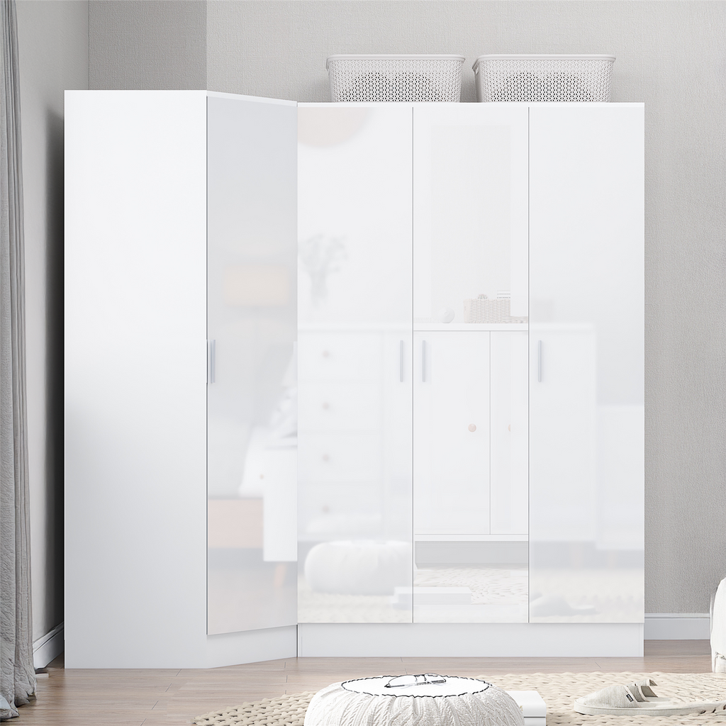 REFLECT - 1 Door Corner + 3 Door Plain Wardrobe in Gloss White / Matt White