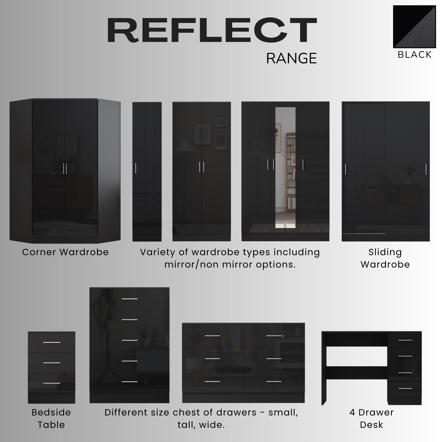REFLECT High Gloss Bedroom Furniture Wardrobe Chest Bedside Desk Option in Black