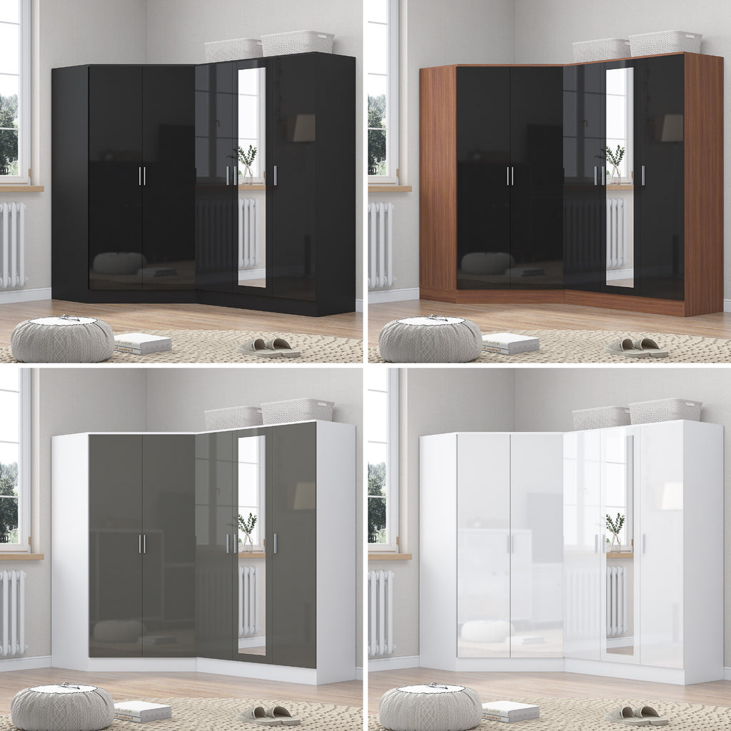 REFLECT Gloss 5 Door Wardrobe Bundle - 2 Door Corner + 3 Door Mirror Bedroom Set