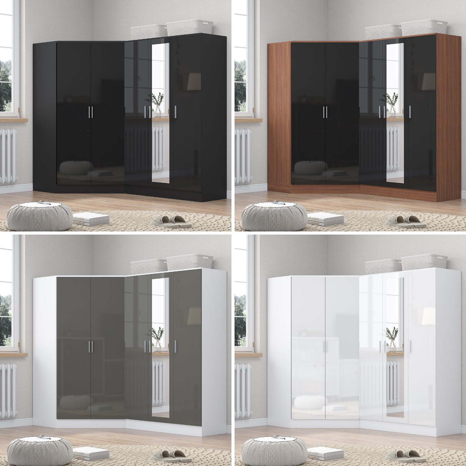 REFLECT Gloss 5 Door Wardrobe Bundle - 2 Door Corner + 3 Door Mirror Bedroom Set