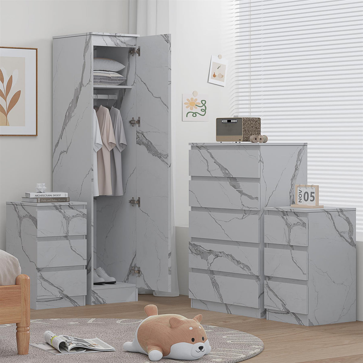 ZITA 4pc White Marble Effect Bedroom Set - 1-Door Wardrobe, Tall Chest & 2 Bedside Tables, Stylish Modern Storage Furniture