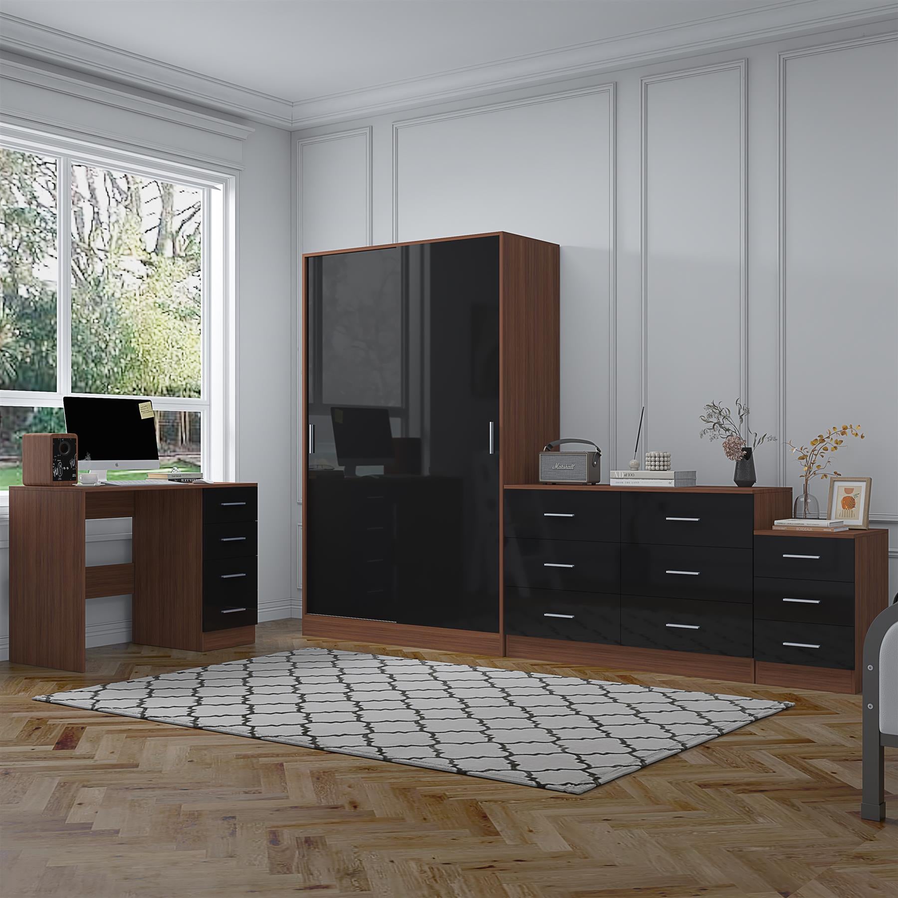 Reflect 2 Door Sliding Wardrobe, 6 Drawer Wide Chest, 3 Drawer Bedside, 4 Drawer Desk - Black Gloss & Walnut - Modern Bedroom Furniture Set.