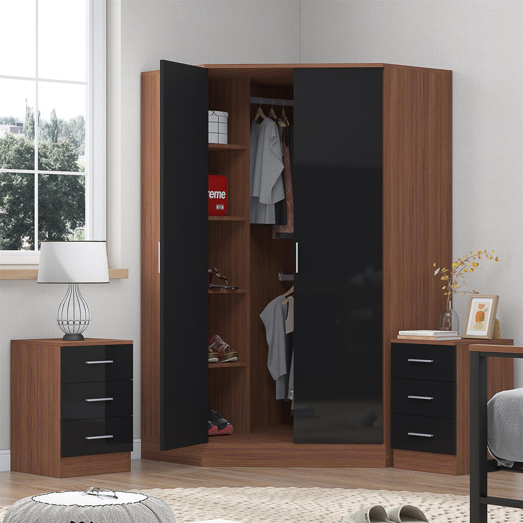 REFLECT - 2 Door CORNER + 2x 3 Drawer Bedside - Gloss Black / Matt Walnut