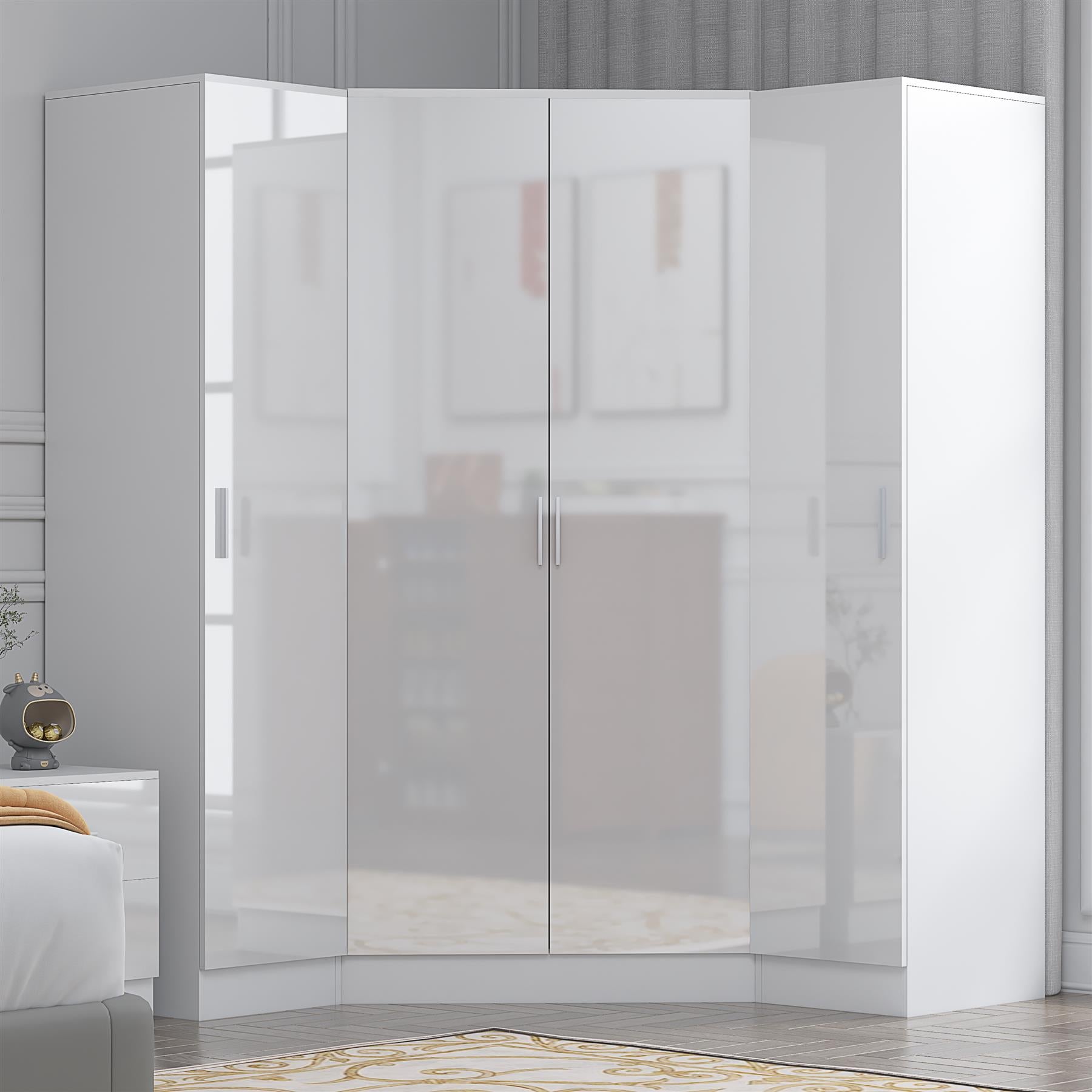 Reflect 3pc Wardrobe Bundle - 2 Door Corner + 2x 1 Door Plain - White Gloss & Matt White - H: 180cm x W: 179cm x D: 103cm