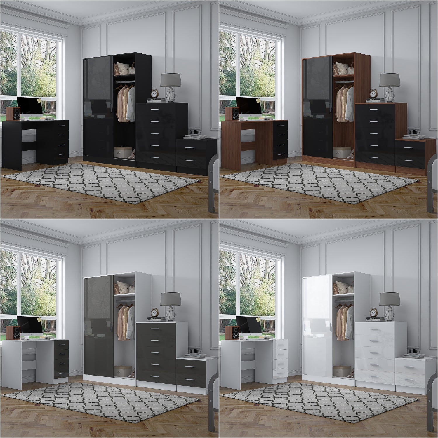 REFLECT Gloss 4pc Set - 2 Door Sliding Wardrobe + 5 Draw Chest + Bedside + Desk