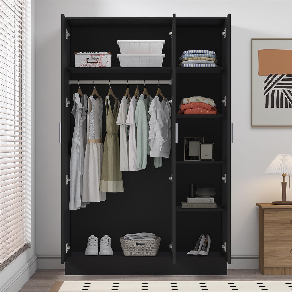 Reflect 3 Door Plain Wardrobe - Black Gloss & Black Oak - Hanging Rail & 4 Shelves- H: 180cm x W: 113cm x D: 47cm - Modern Design