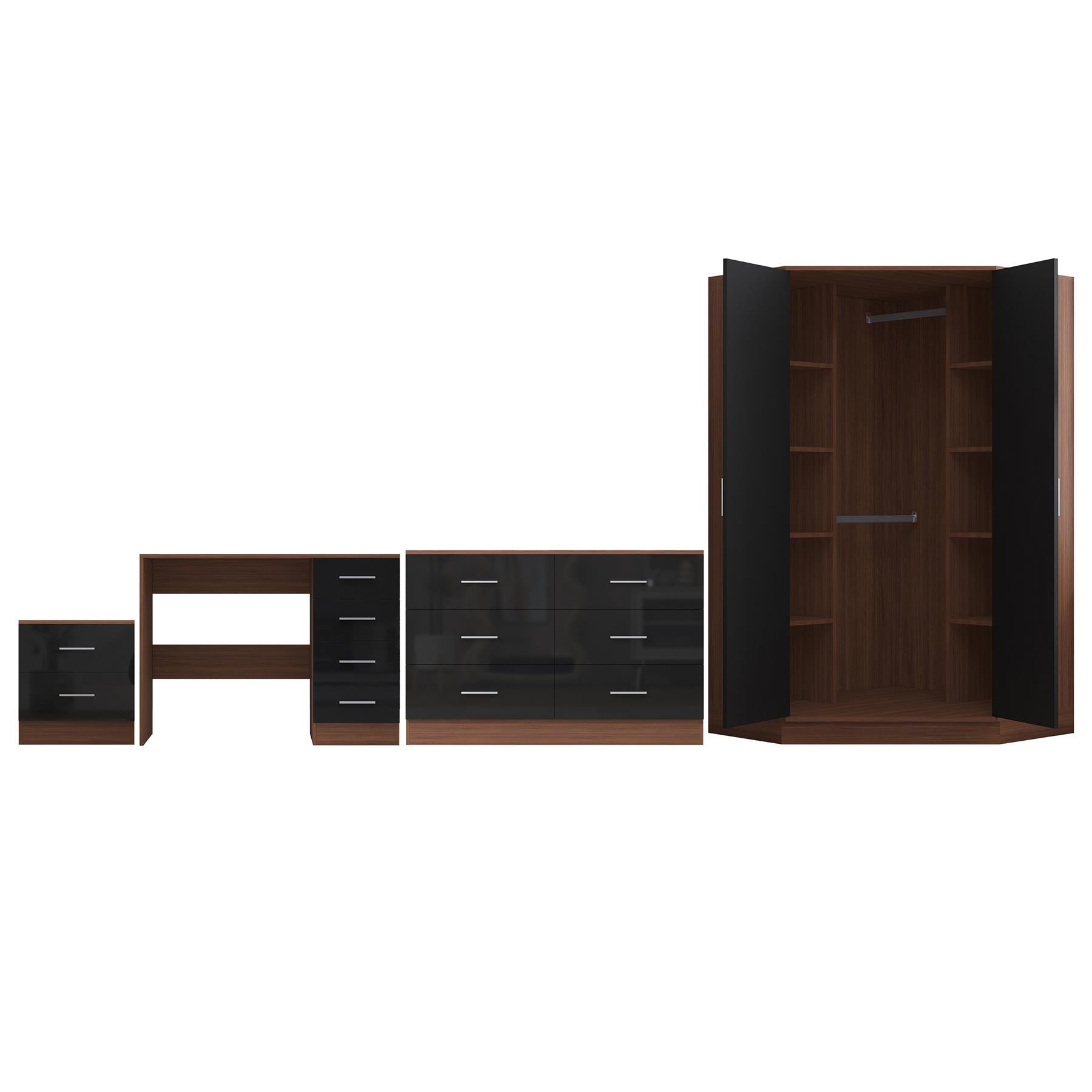 REFLECT - 2 Door CORNER + 6 Drawer Chest + 2 Drawer Bedside + 4 Drawer Desk - Gloss Black / Matt Walnut