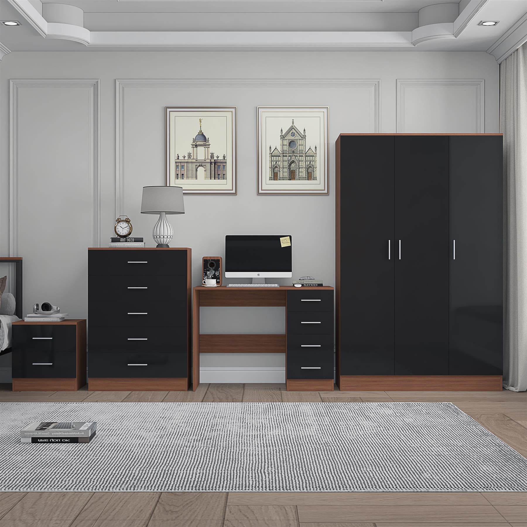 Reflect 3 Door Plain Wardrobe, 5 Drawer Chest, 2 Drawer Bedside & Desk - Black Gloss & Walnut - Modern Bedroom Furniture Set